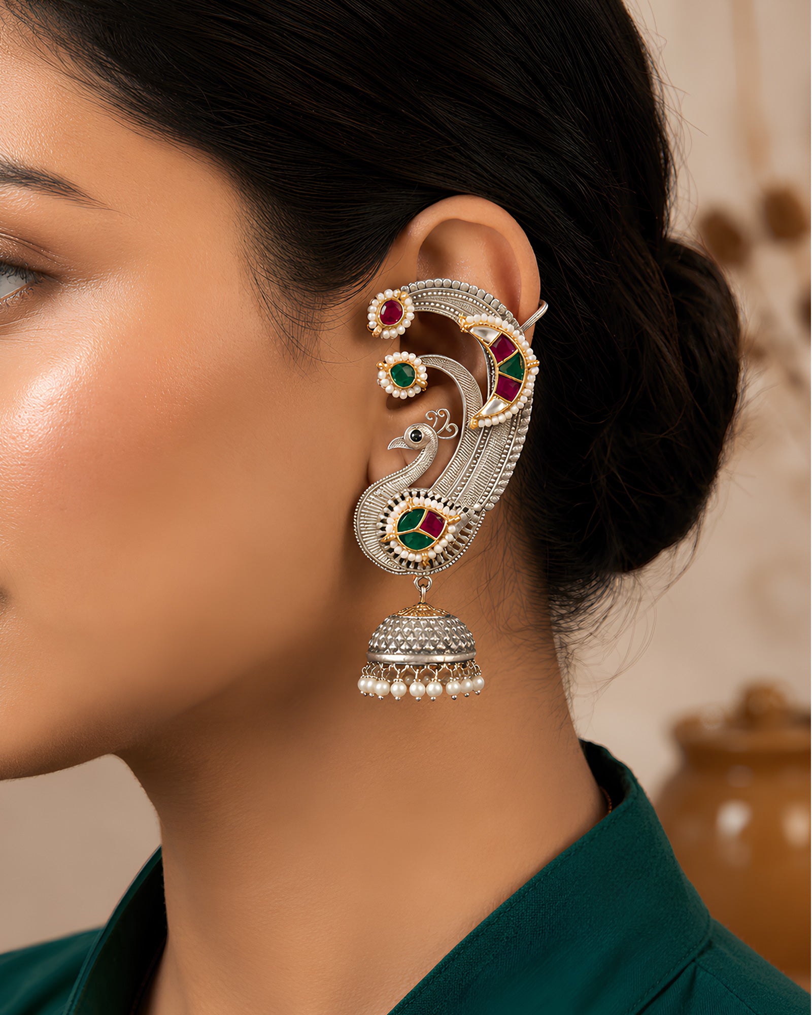 Peacock Motif Silver Oxidized Ear Cuff Jhumkas