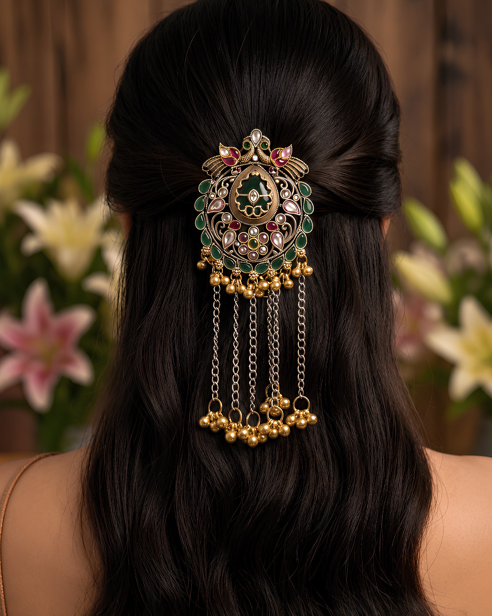 Peacock Motif Stone-Studded Hair Brooch
