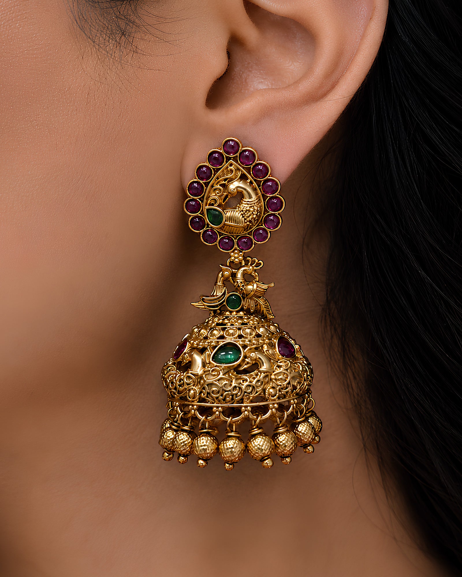 Peacock Studded Ruby & Emerald Jhumki Earrings