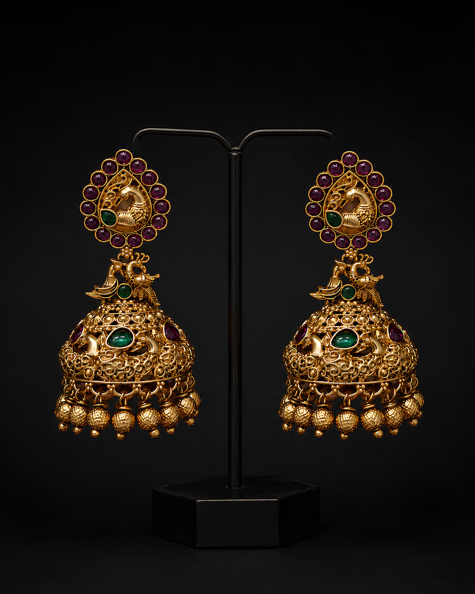 Peacock Studded Ruby & Emerald Jhumki Earrings