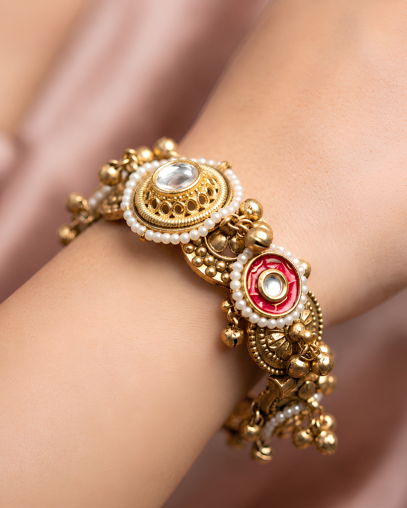 Pearl-Accented Kundan & Meenakari Kada