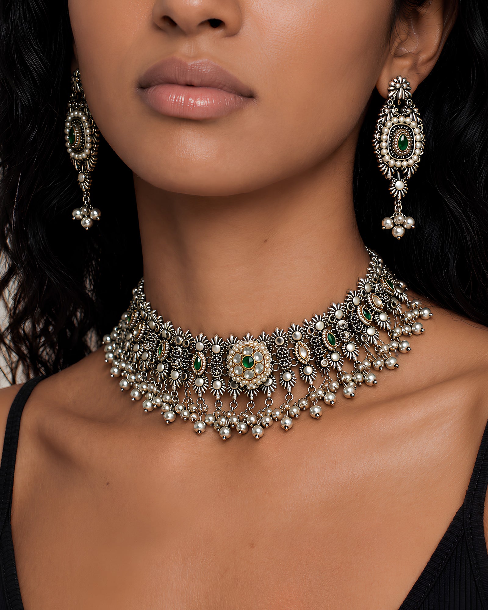 Pearl & Emerald-Stone Studded Oxidized Choker Necklace