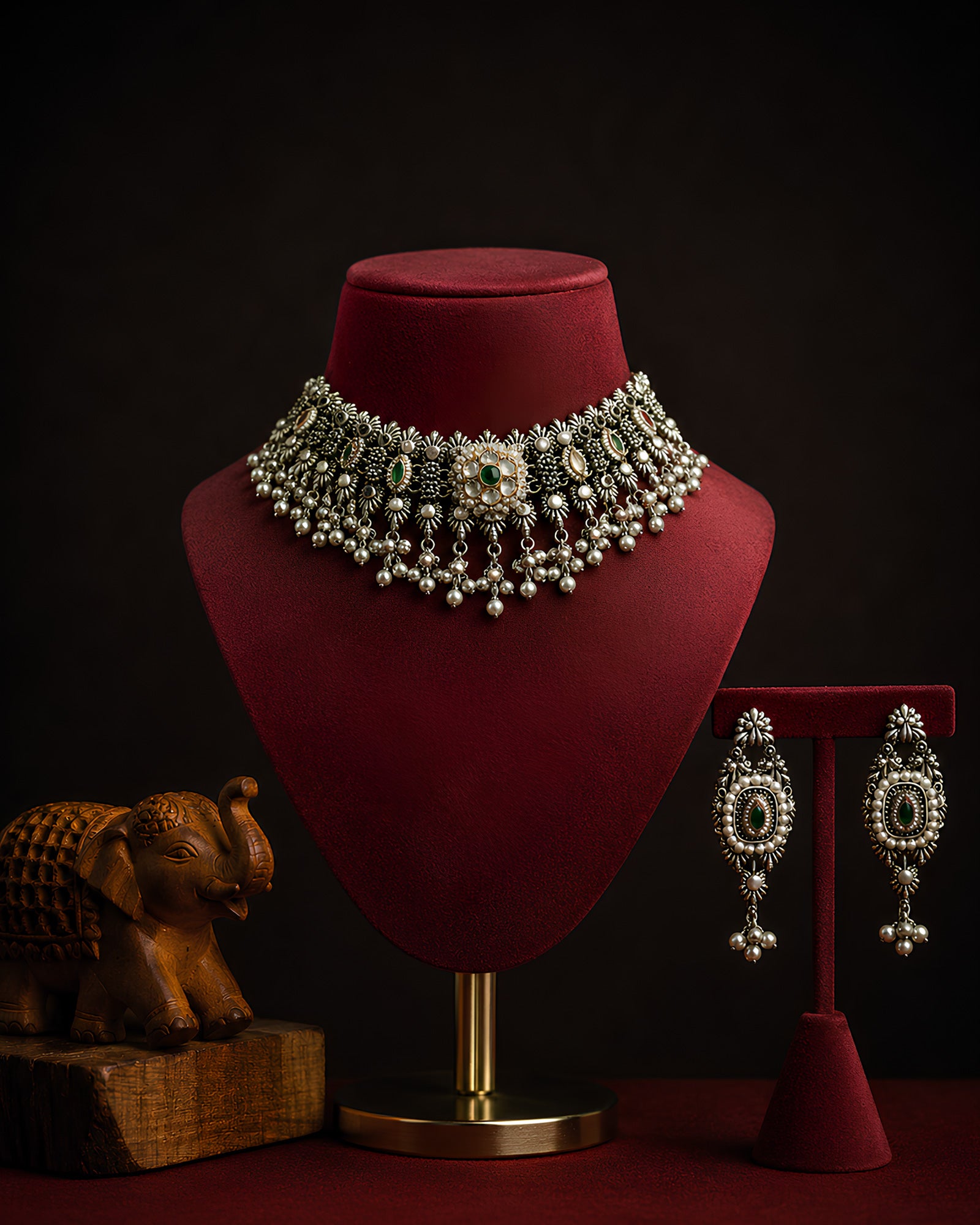 Pearl & Emerald-Stone Studded Oxidized Choker Necklace