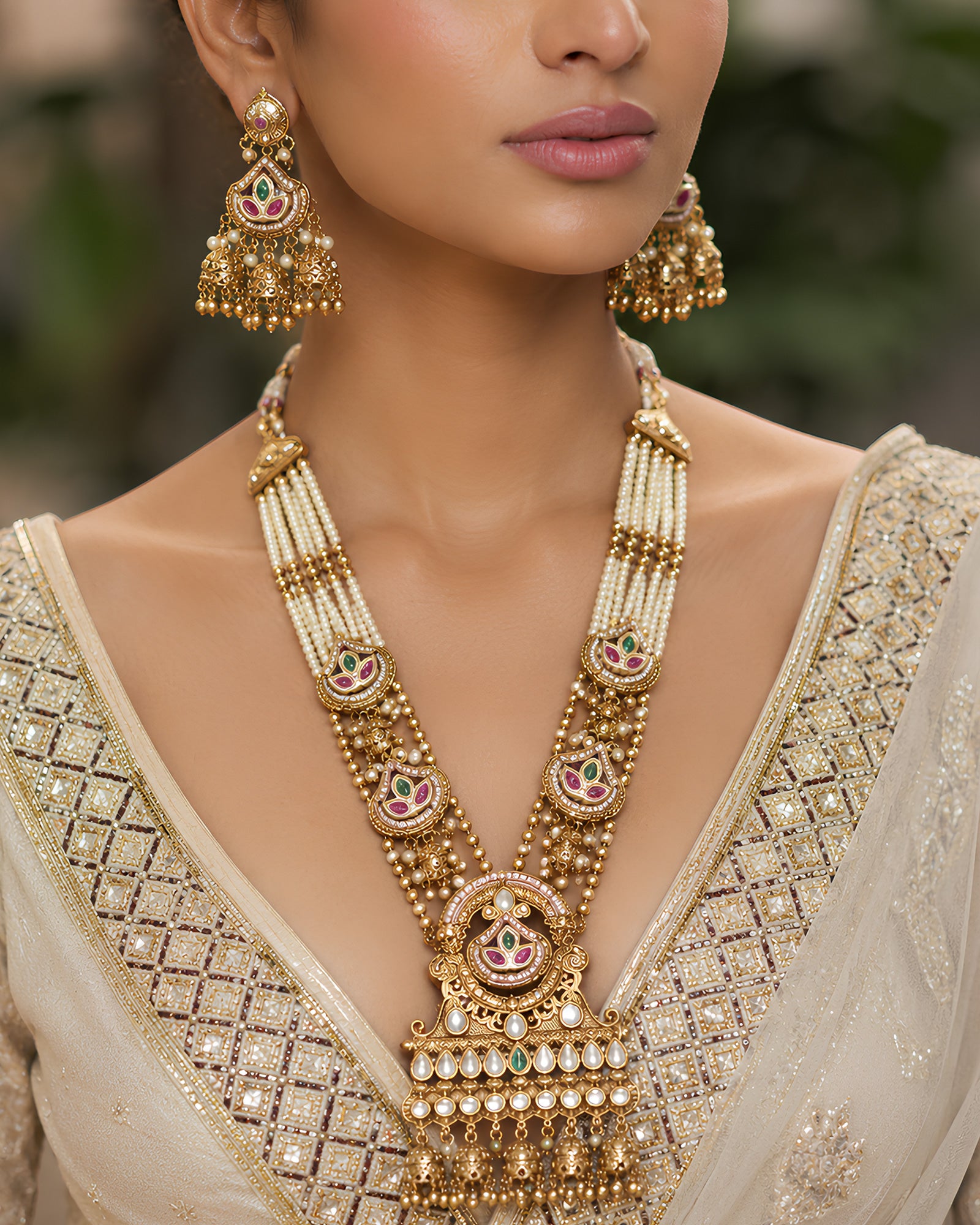 Pearl-Strand & Lotus Pendant Long Necklace Set