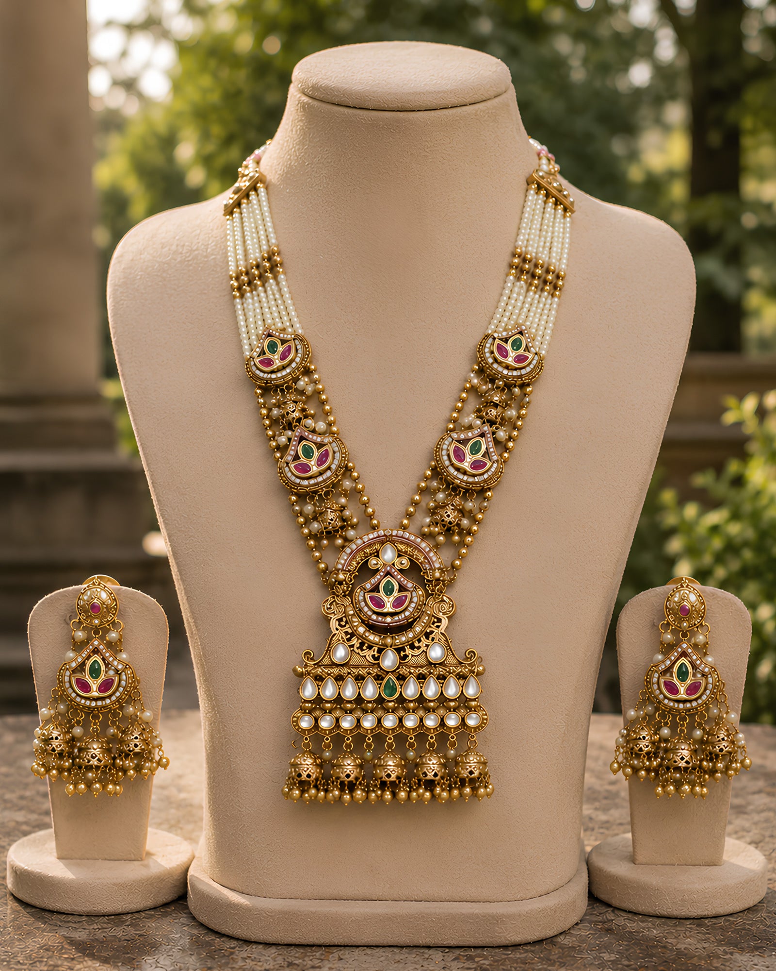 Pearl-Strand & Lotus Pendant Long Necklace Set