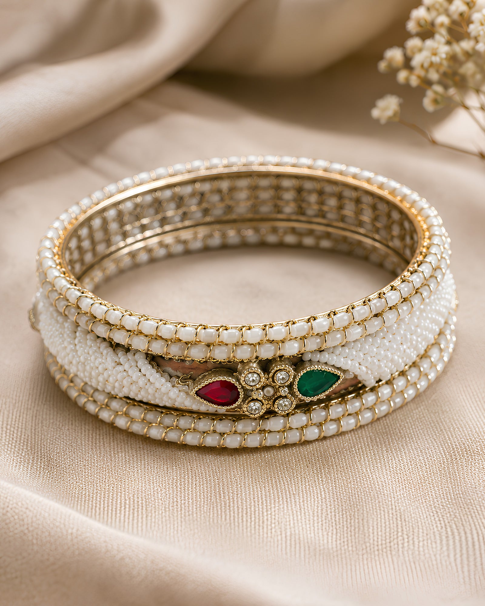 Pearl-Wrapped Multi-Layer Kundan Bangles