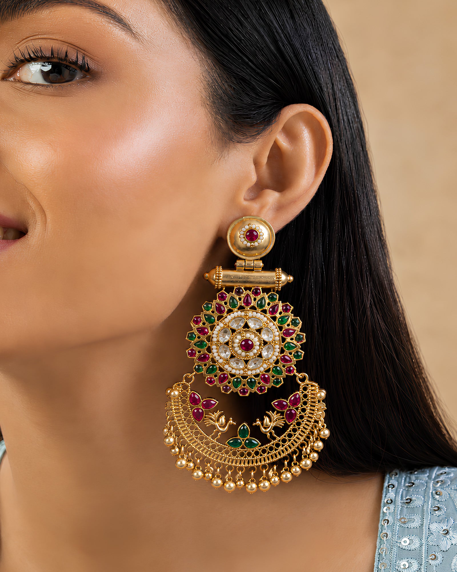 Polki & Gemstone Peacock Medallion Chandbali Earrings