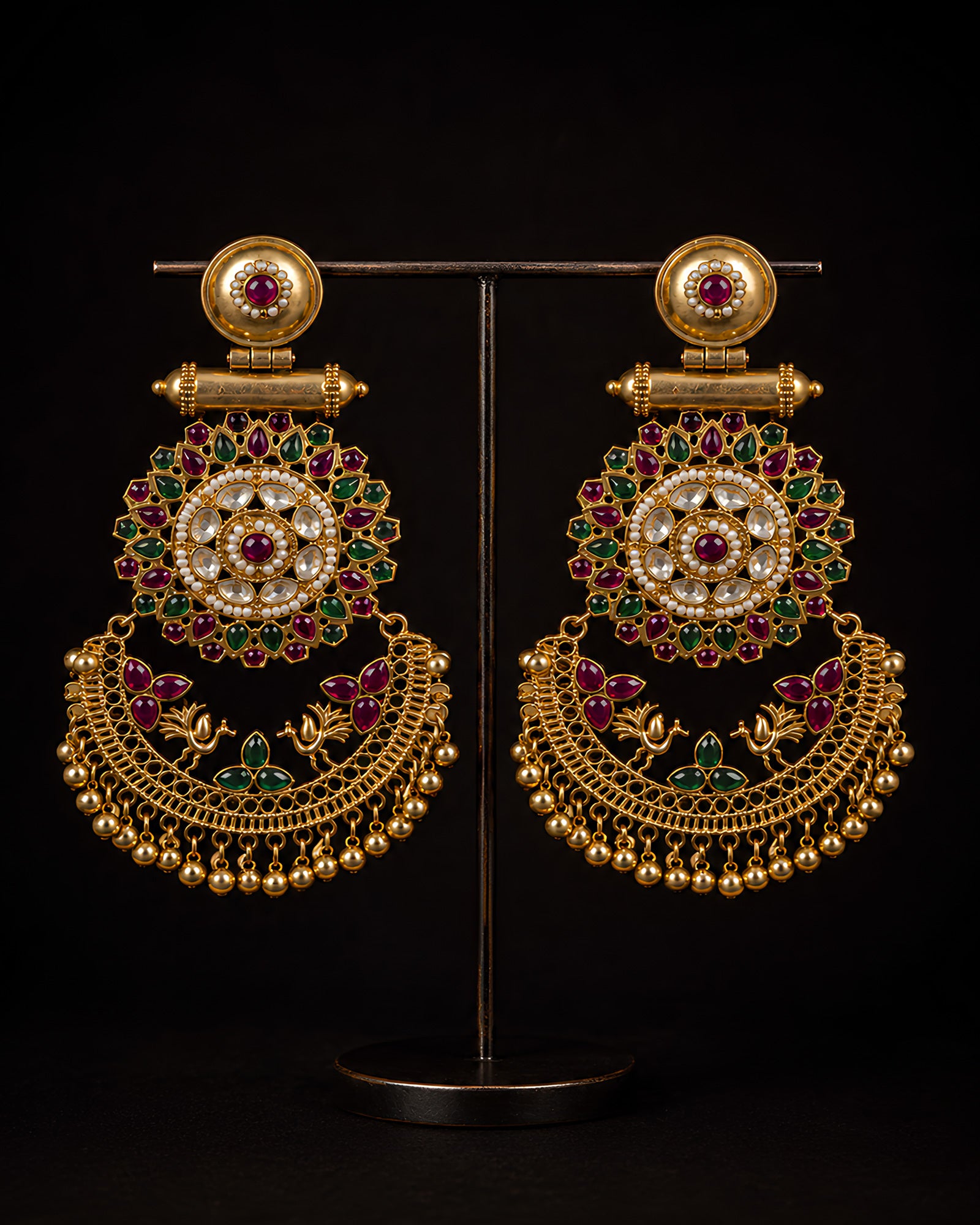 Polki & Gemstone Peacock Medallion Chandbali Earrings