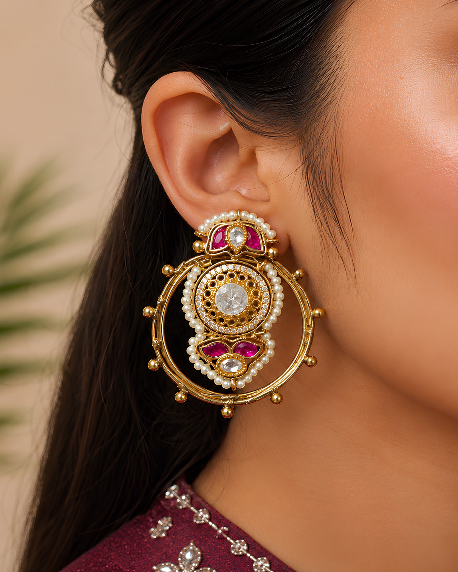 Polki & Ruby Encircled Hoop Earrings
