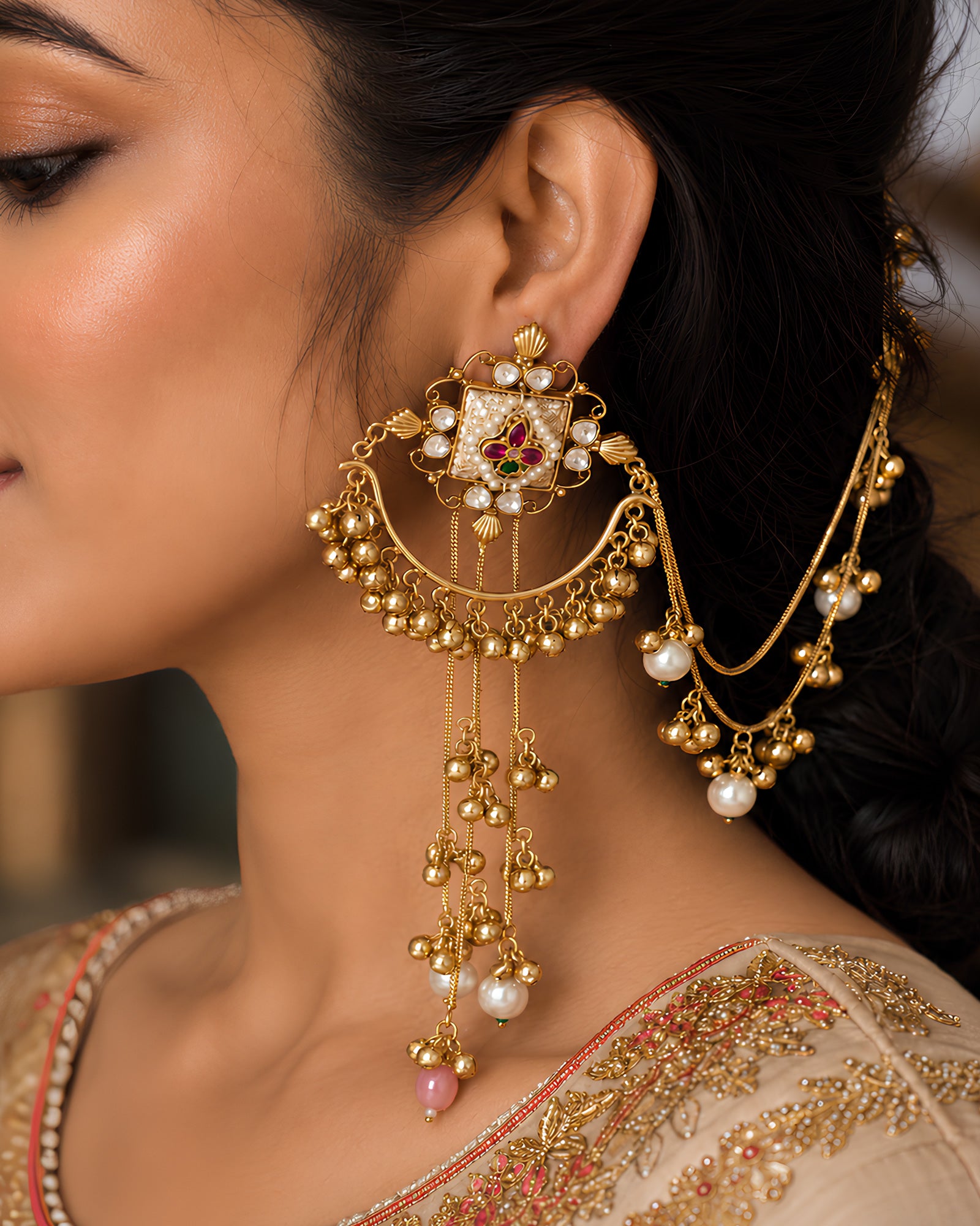 Polki Square Medallion & Cascading Chain Sahare Earrings
