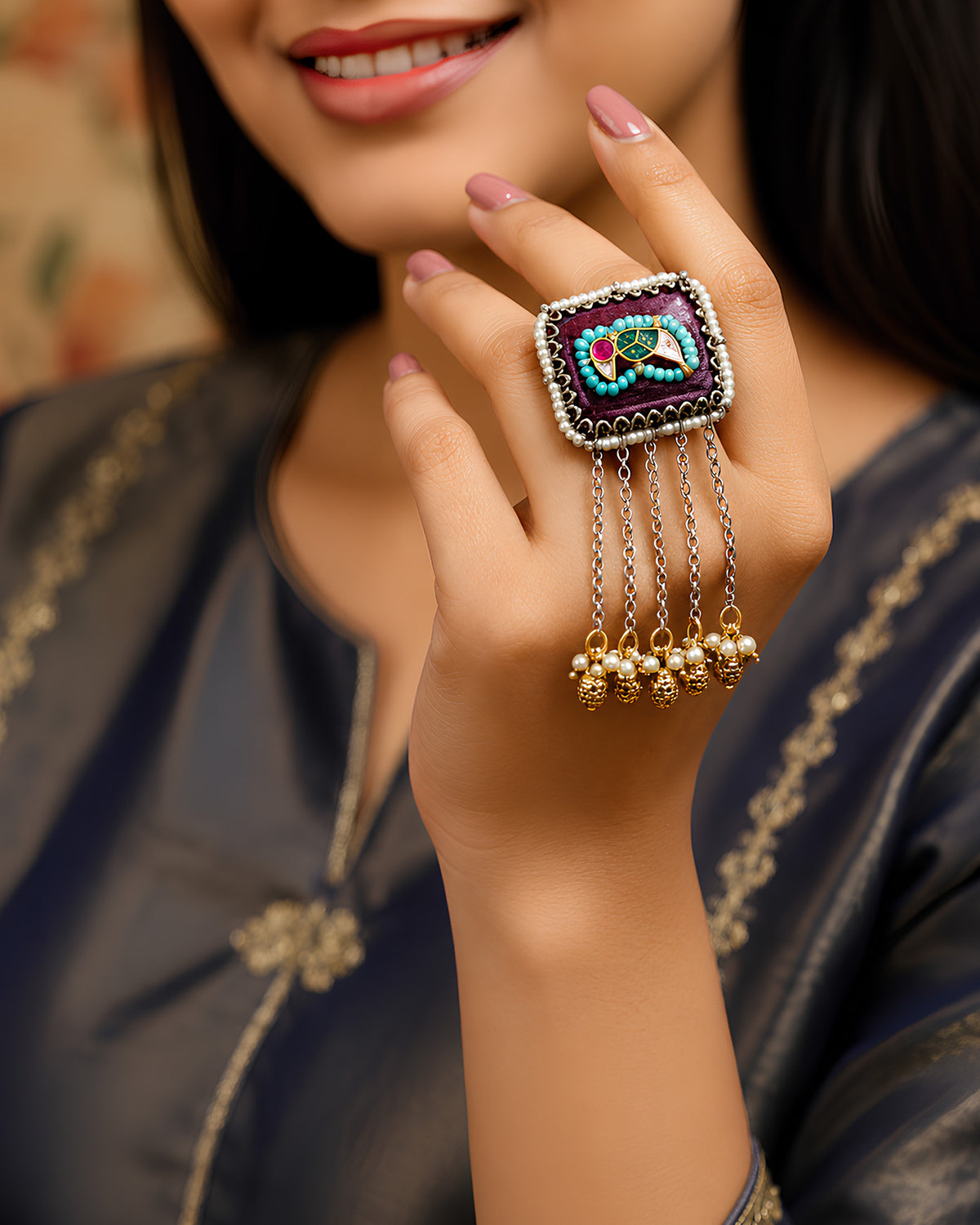 Purple Shield Elephant & Ghungroo-Fringed Ring