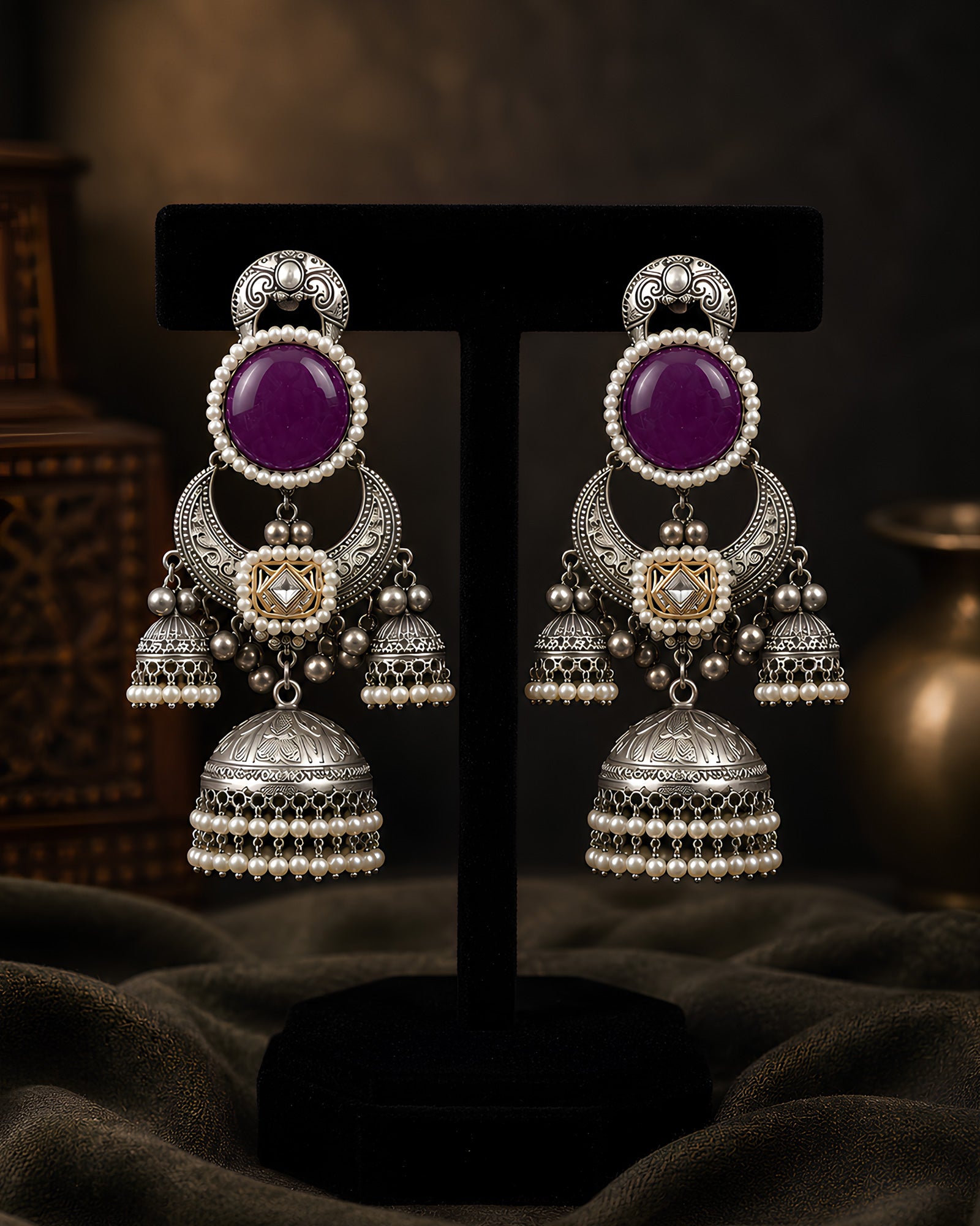 Purple Stone & Multi-Jhumka Oxidized Earrings
