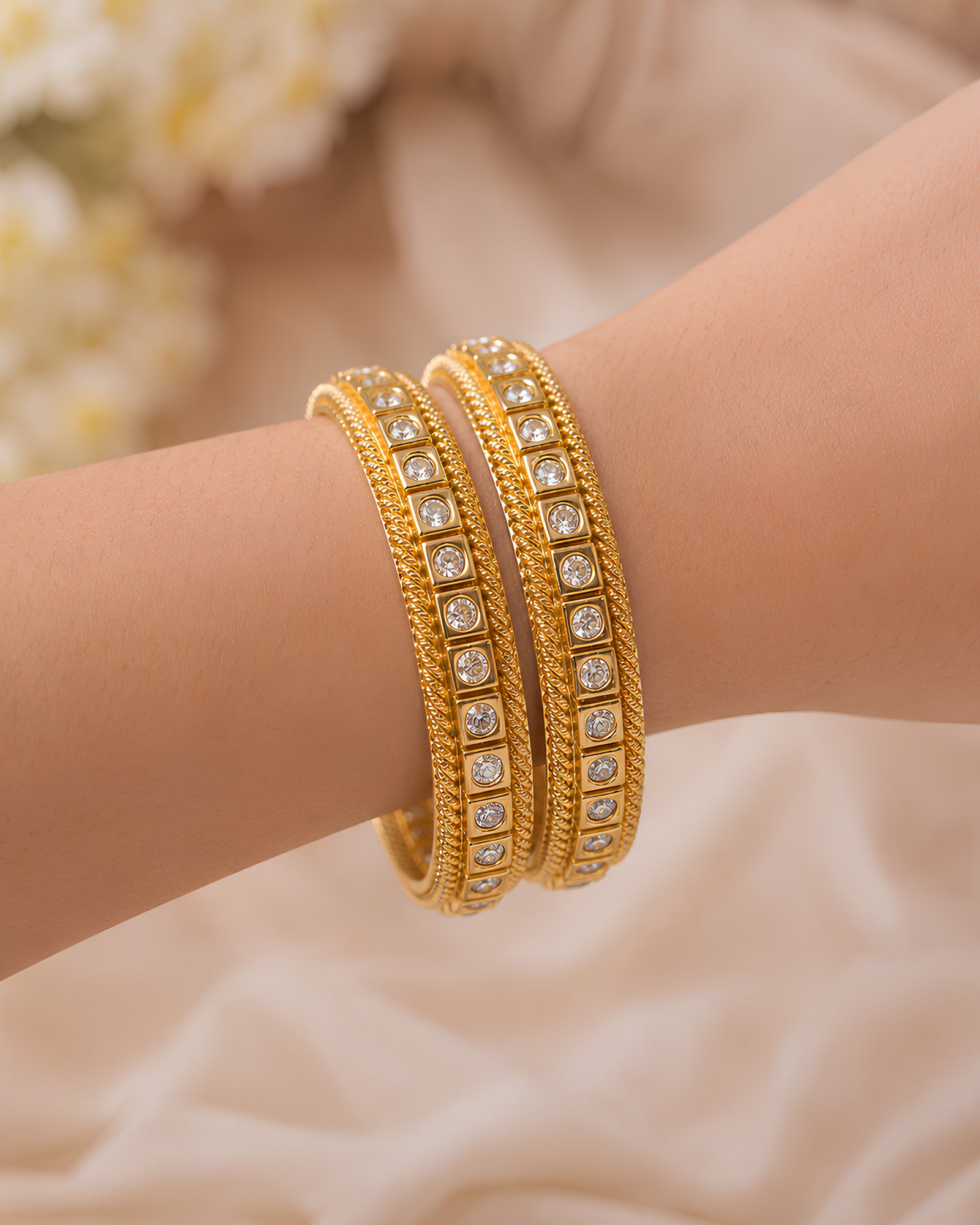 Radiant Square-Studded Gold-Tone Bangles