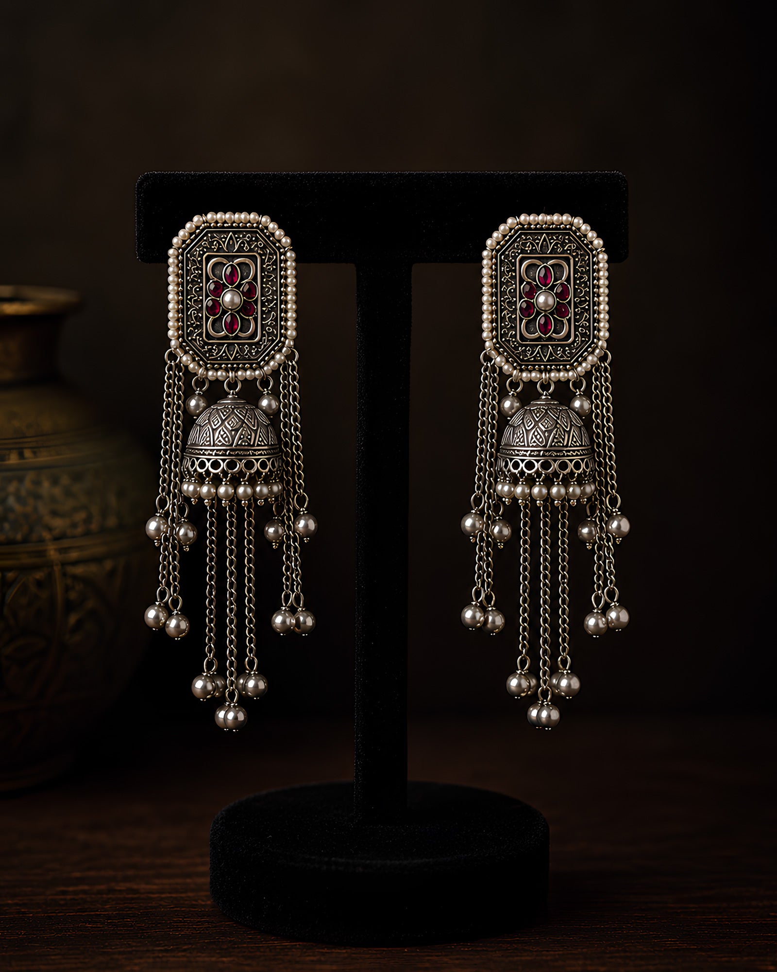 Rectangular Filigree Jhumka Statement Earrings