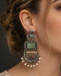 Rectangular Stone & Crescent Drop Earrings