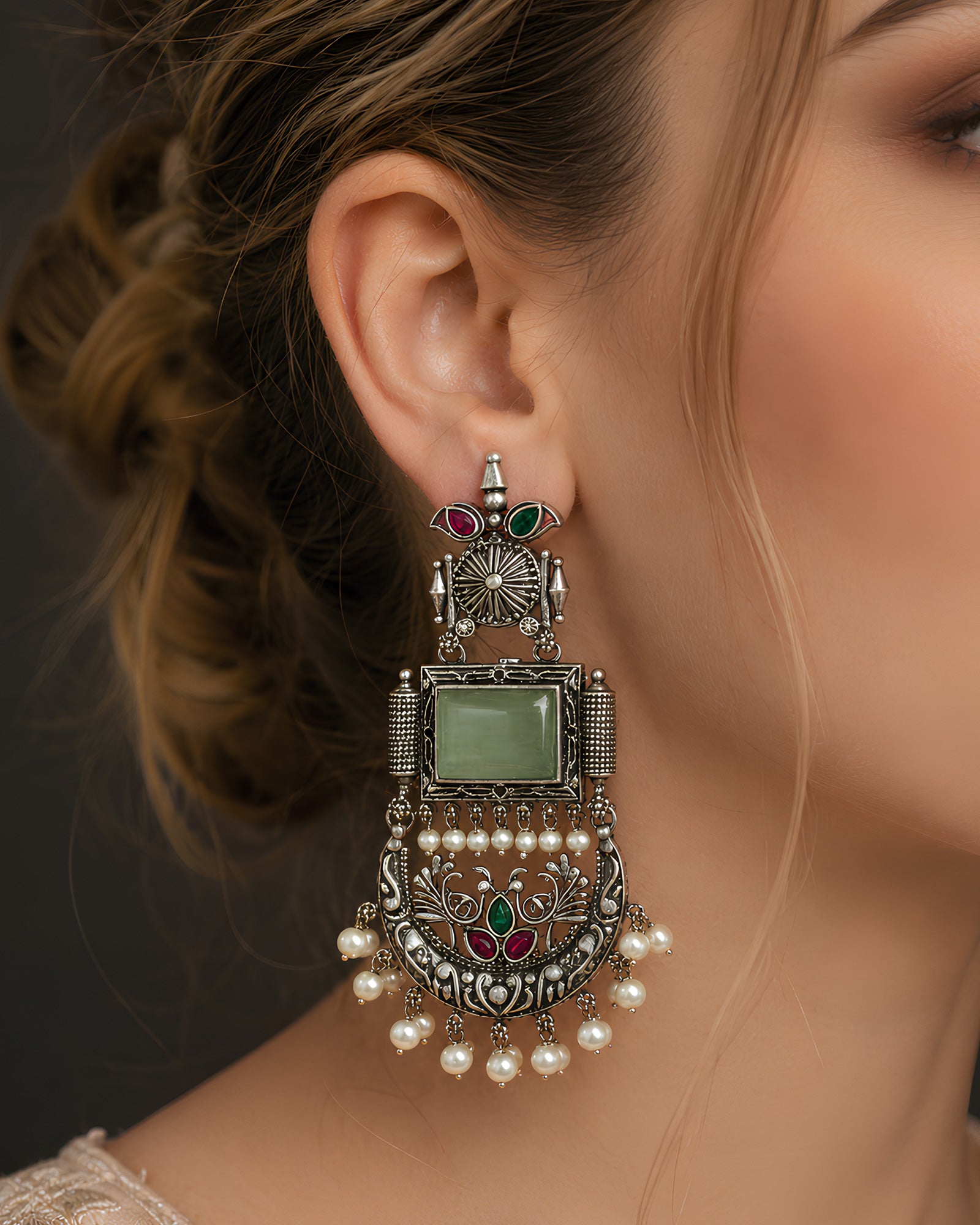 Rectangular Stone & Crescent Drop Earrings