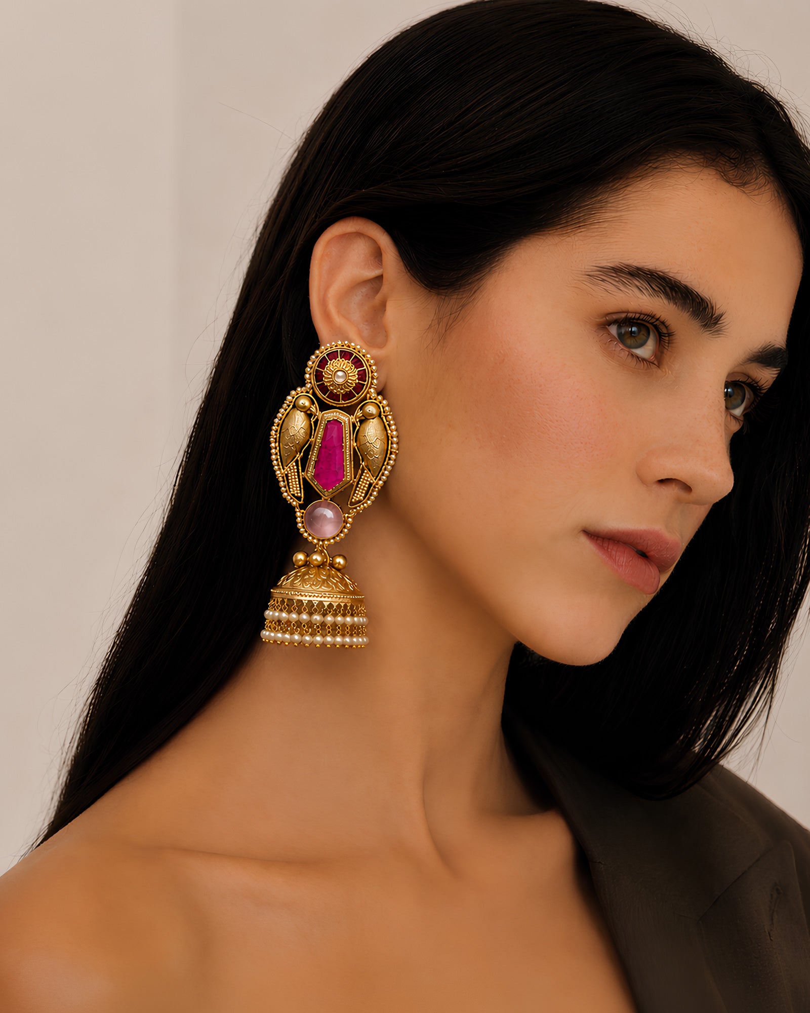 Regal Bird Motif & Gemstone Jhumka Earrings