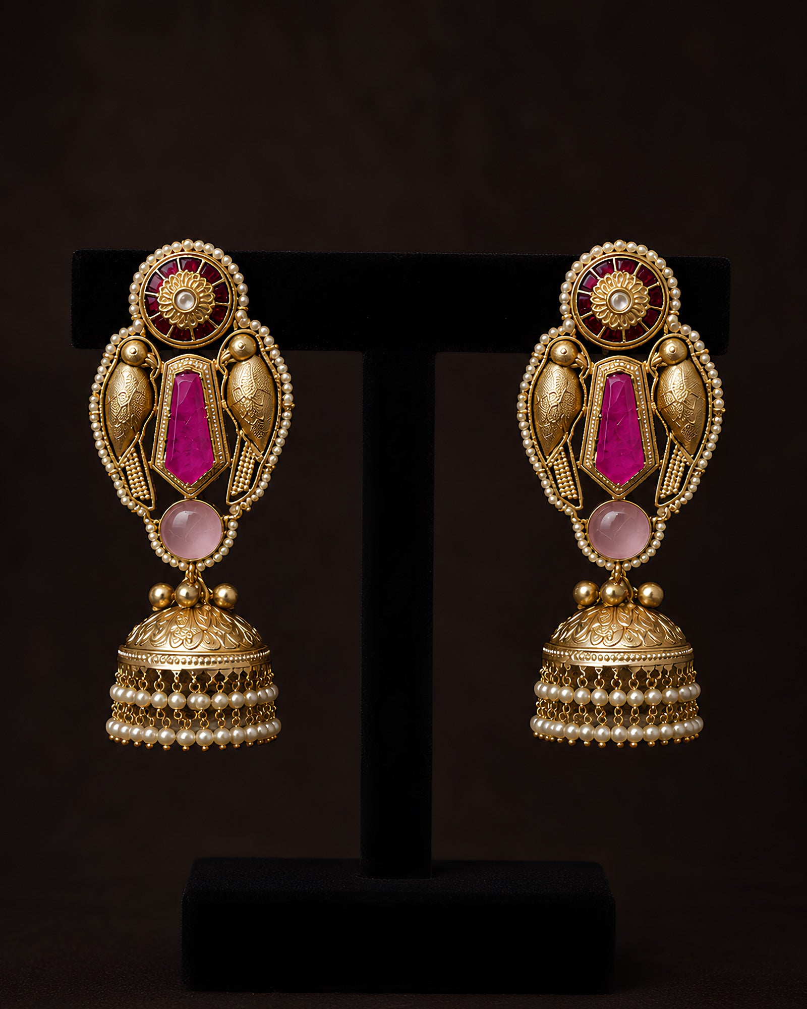 Regal Bird Motif & Gemstone Jhumka Earrings