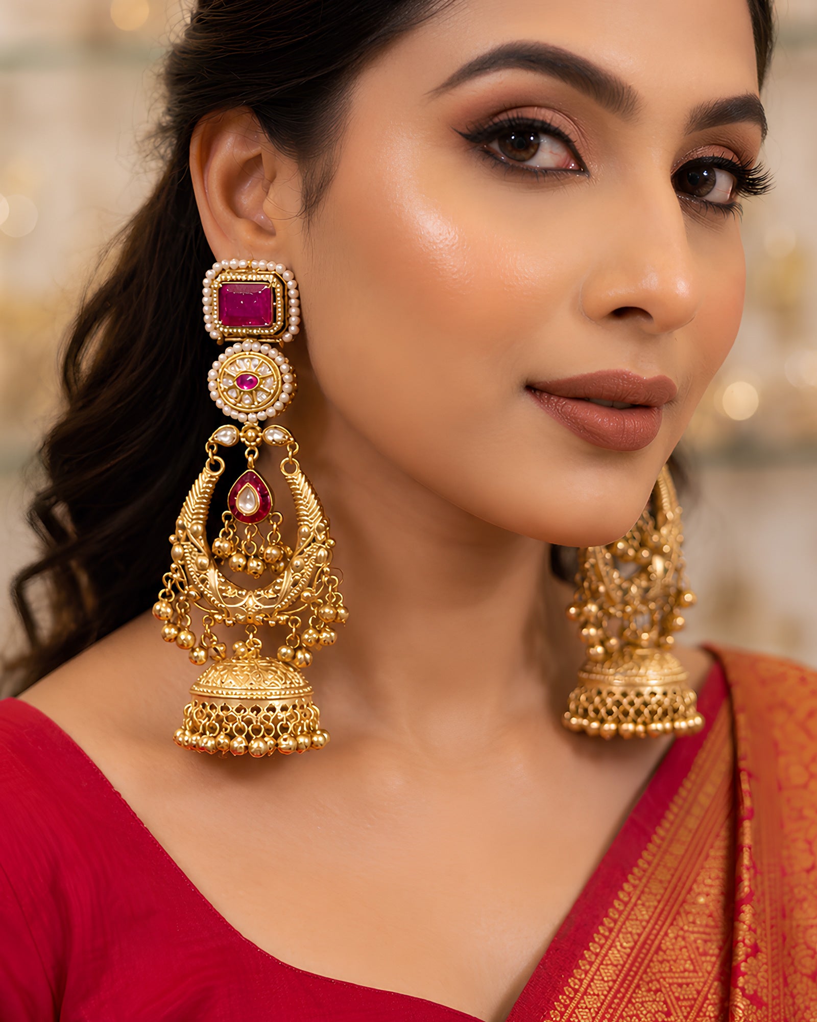 Regal Crimson Gemstone Statement Jhumkas