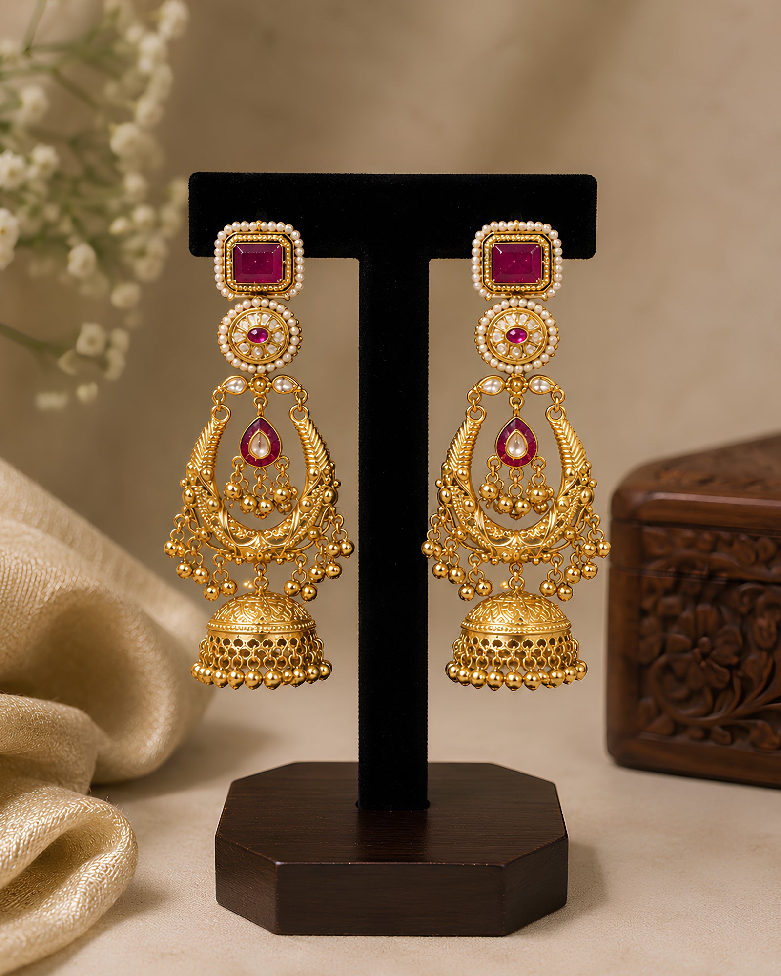 Regal Crimson Gemstone Statement Jhumkas
