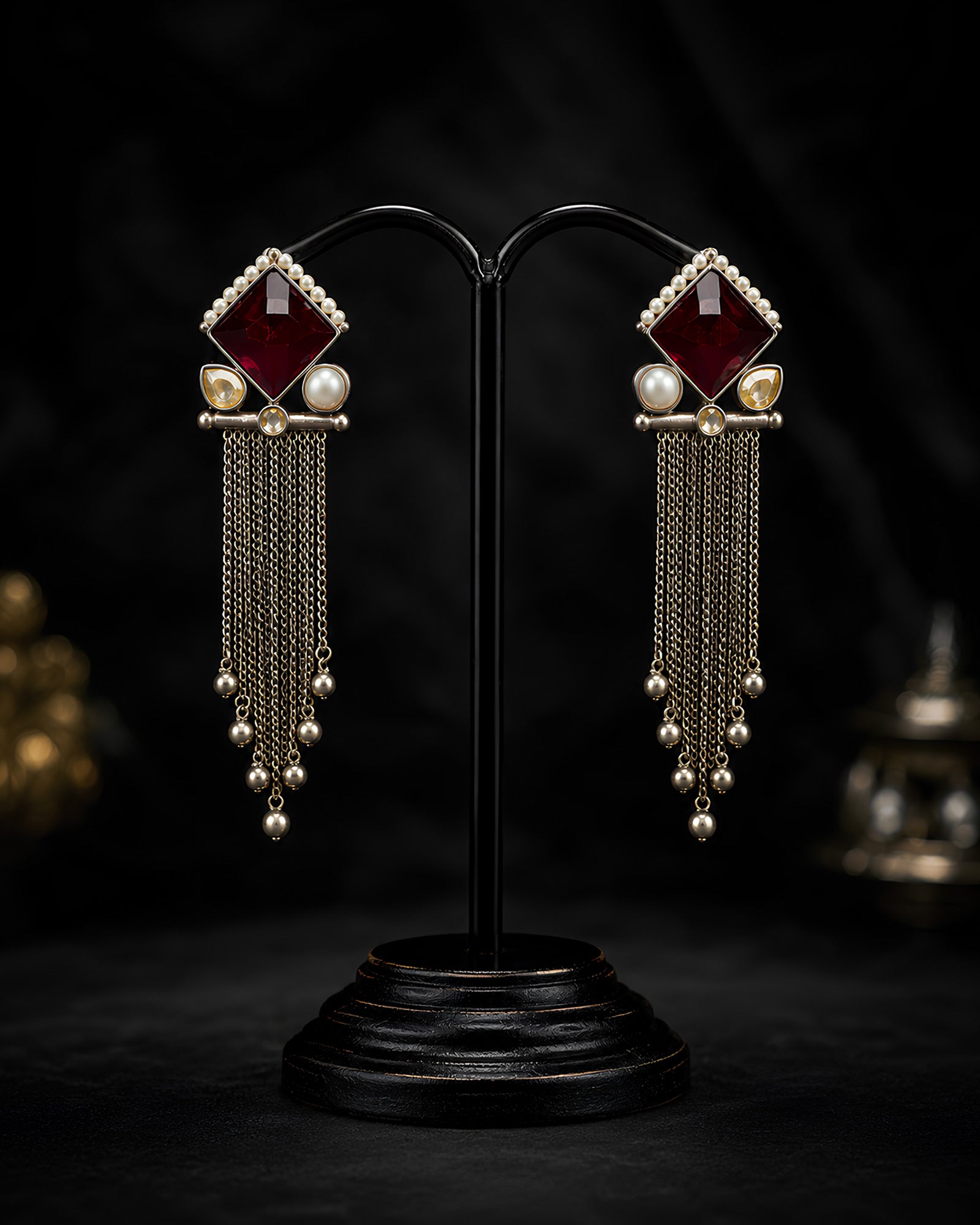 Regal Crimson Rhombus Cascading Chain Earrings