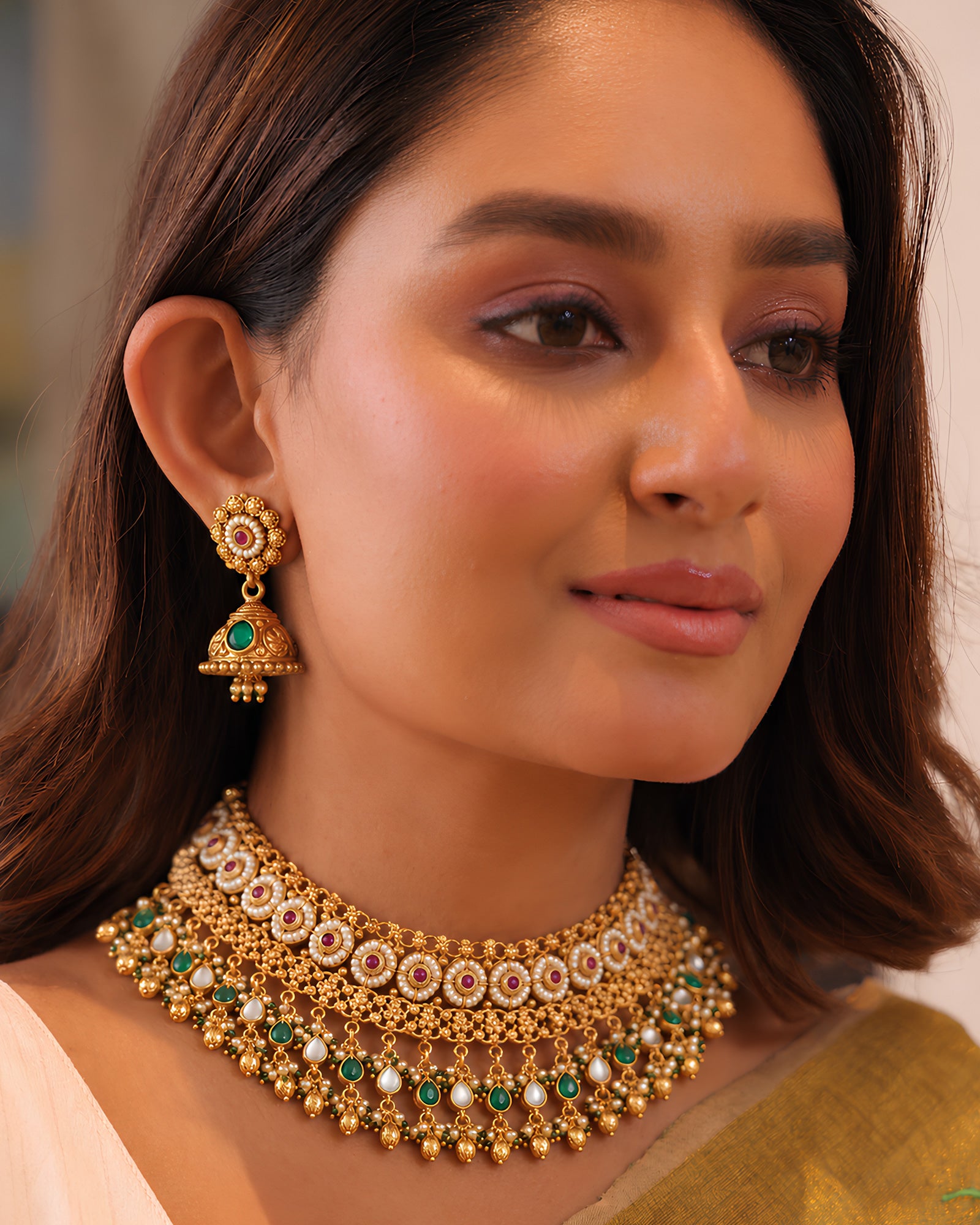 Regal Emerald & Pearl Gold-Tone Choker Set