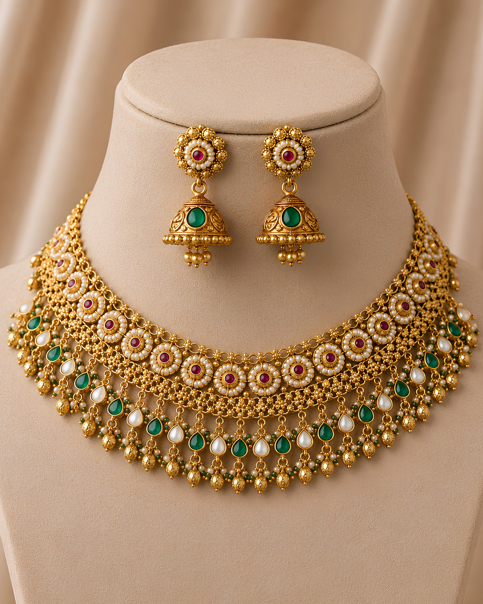 Regal Emerald & Pearl Gold-Tone Choker Set