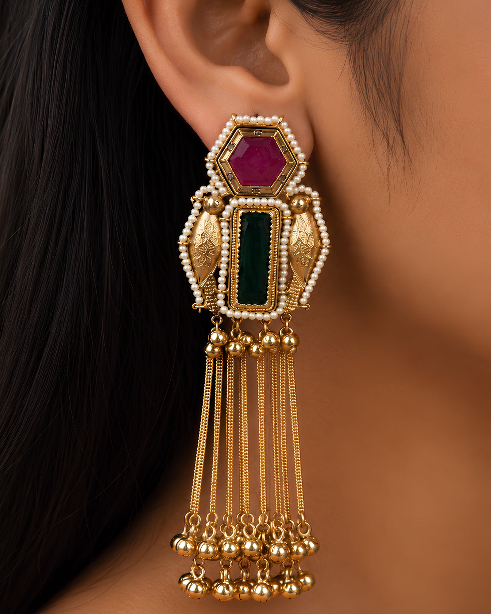 Regal Emerald-Green & Ruby Stone Cascading Earrings