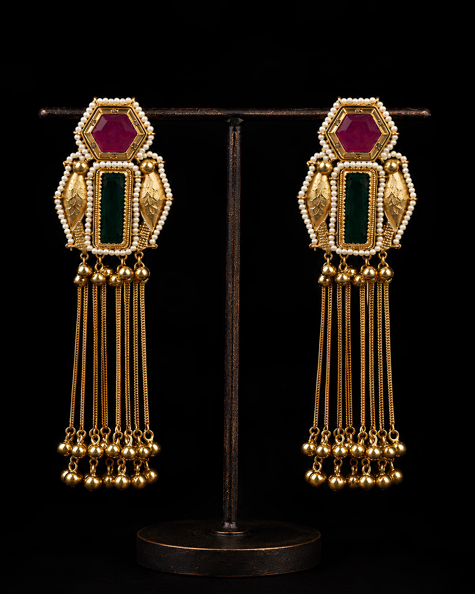 Regal Emerald-Green & Ruby Stone Cascading Earrings