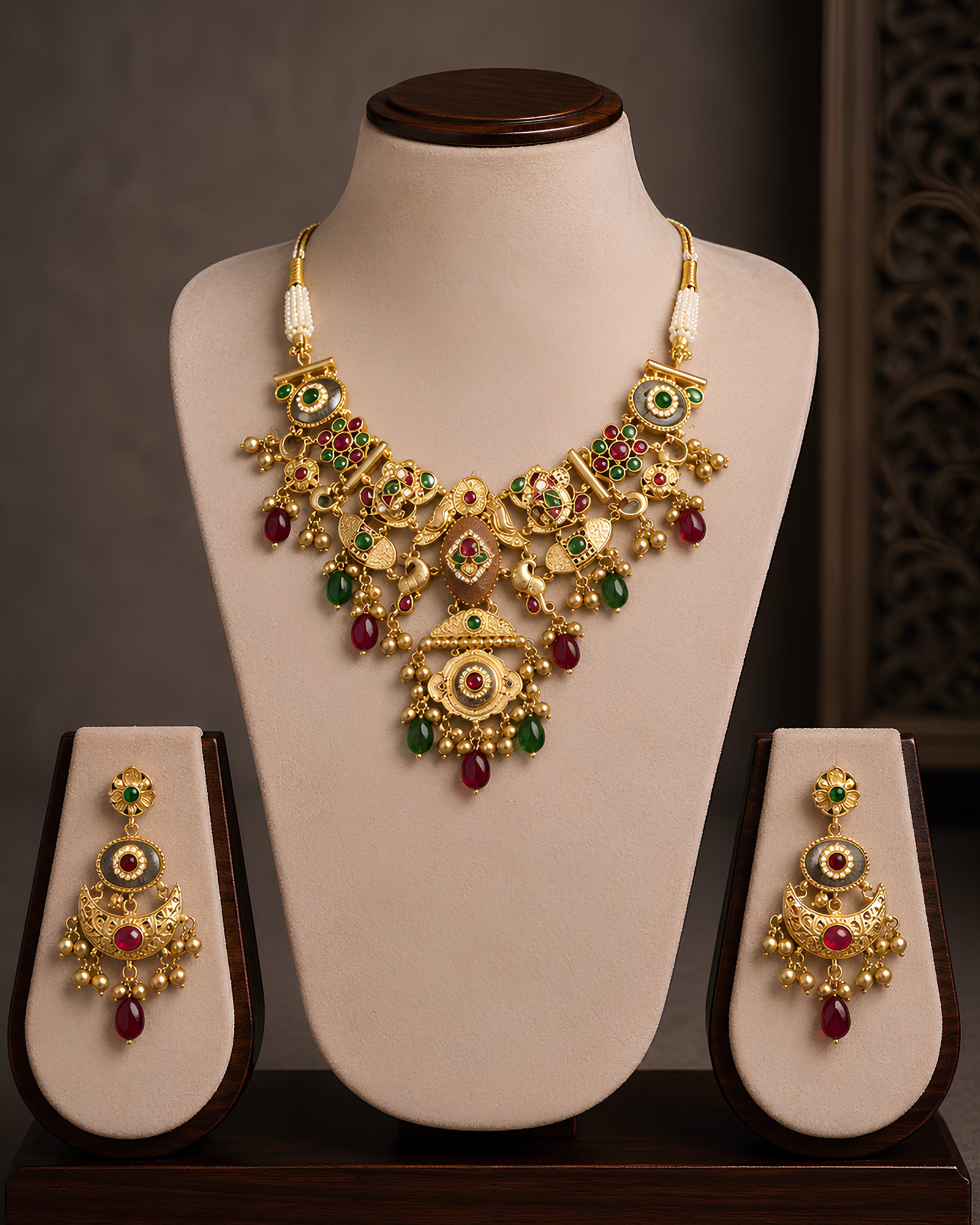 Regal Enamel & Pearl Statement Necklace Set