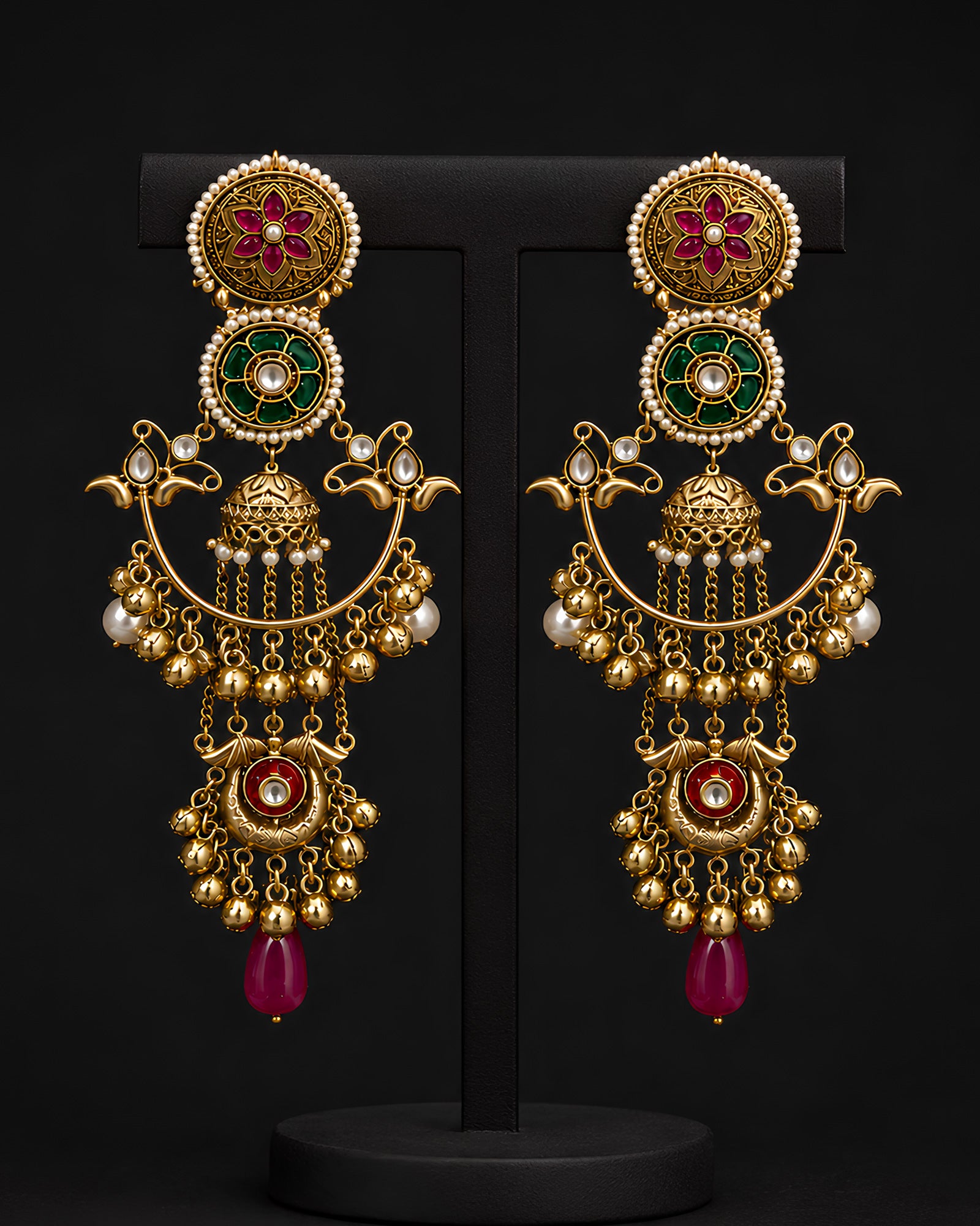 Regal Floral & Gemstone Cascading Chandbali Earrings