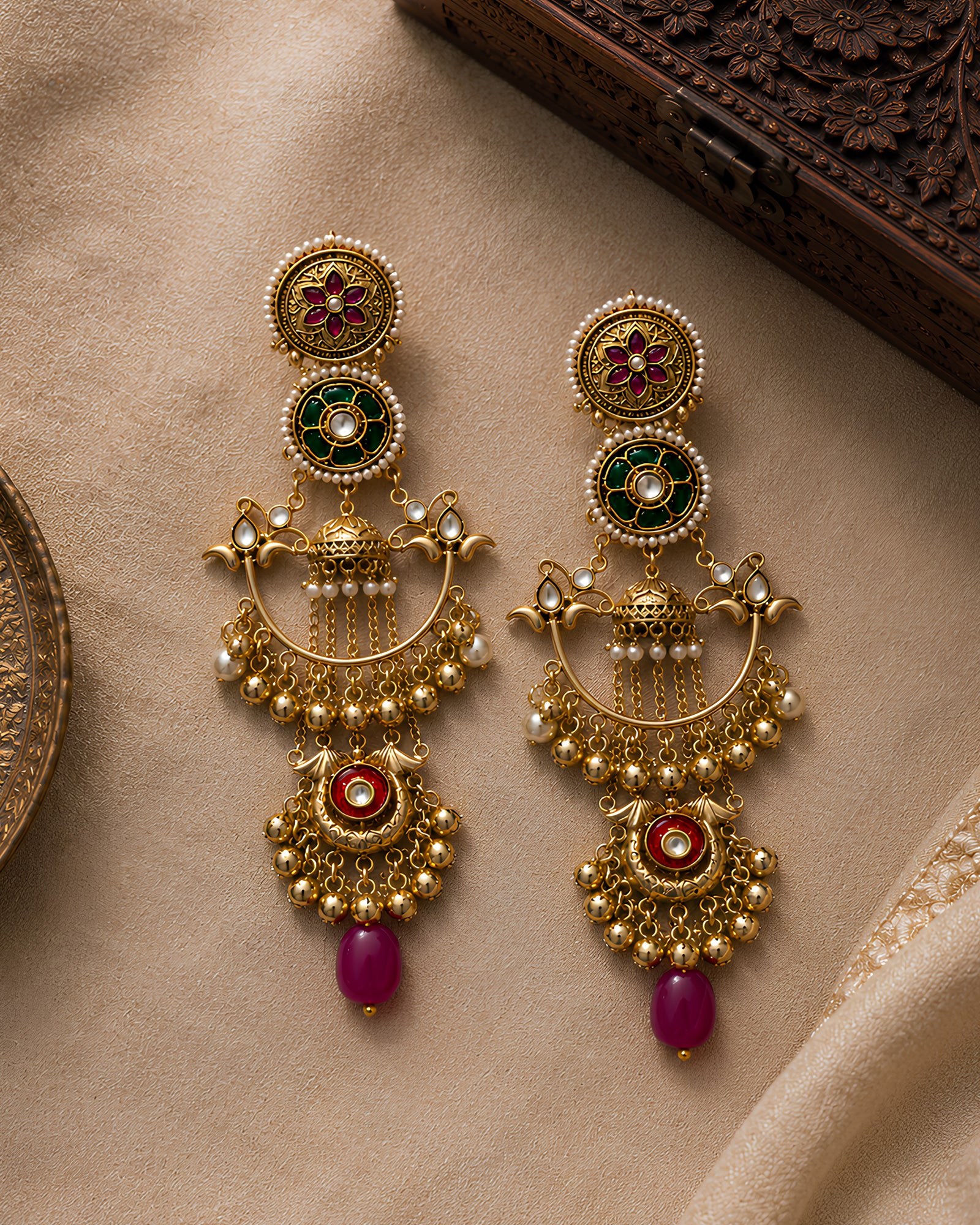 Regal Floral & Gemstone Cascading Chandbali Earrings
