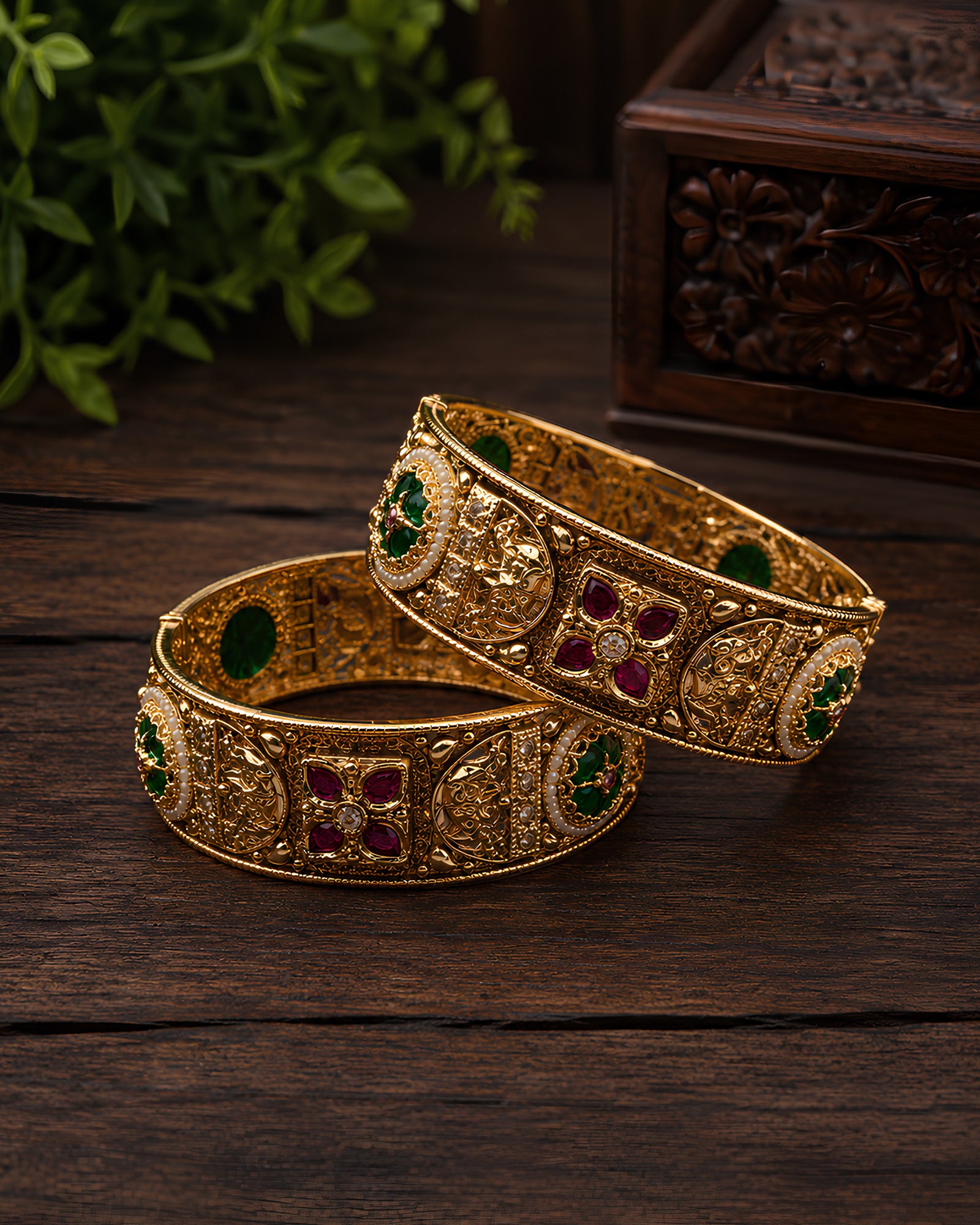 Regal Floral Stone-Studded Bangles