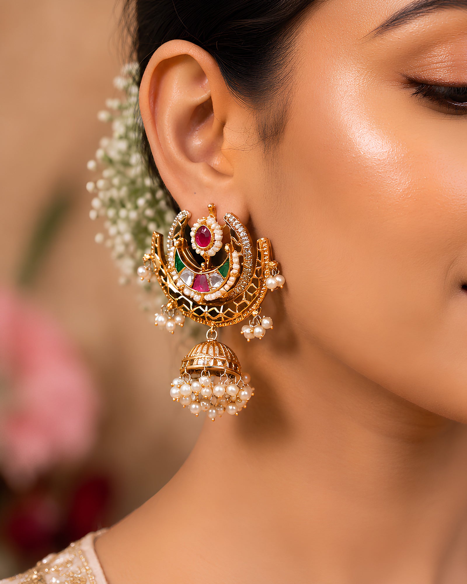 Regal Gold Crescent Kundan Navratna Jhumka Earrings