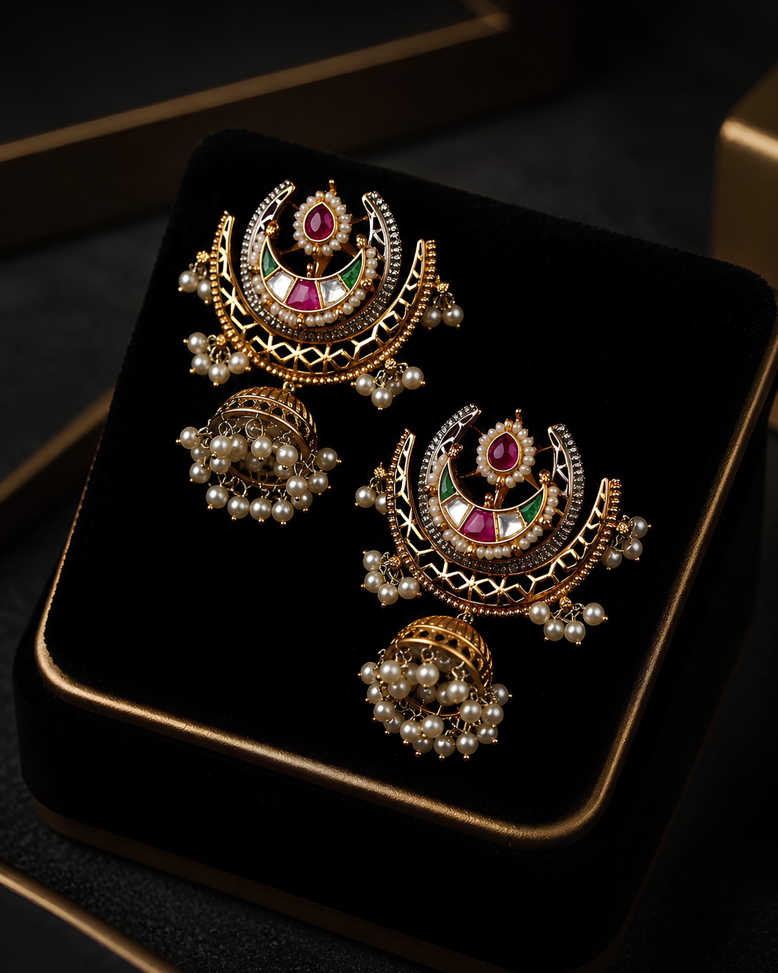 Regal Gold Crescent Kundan Navratna Jhumka Earrings