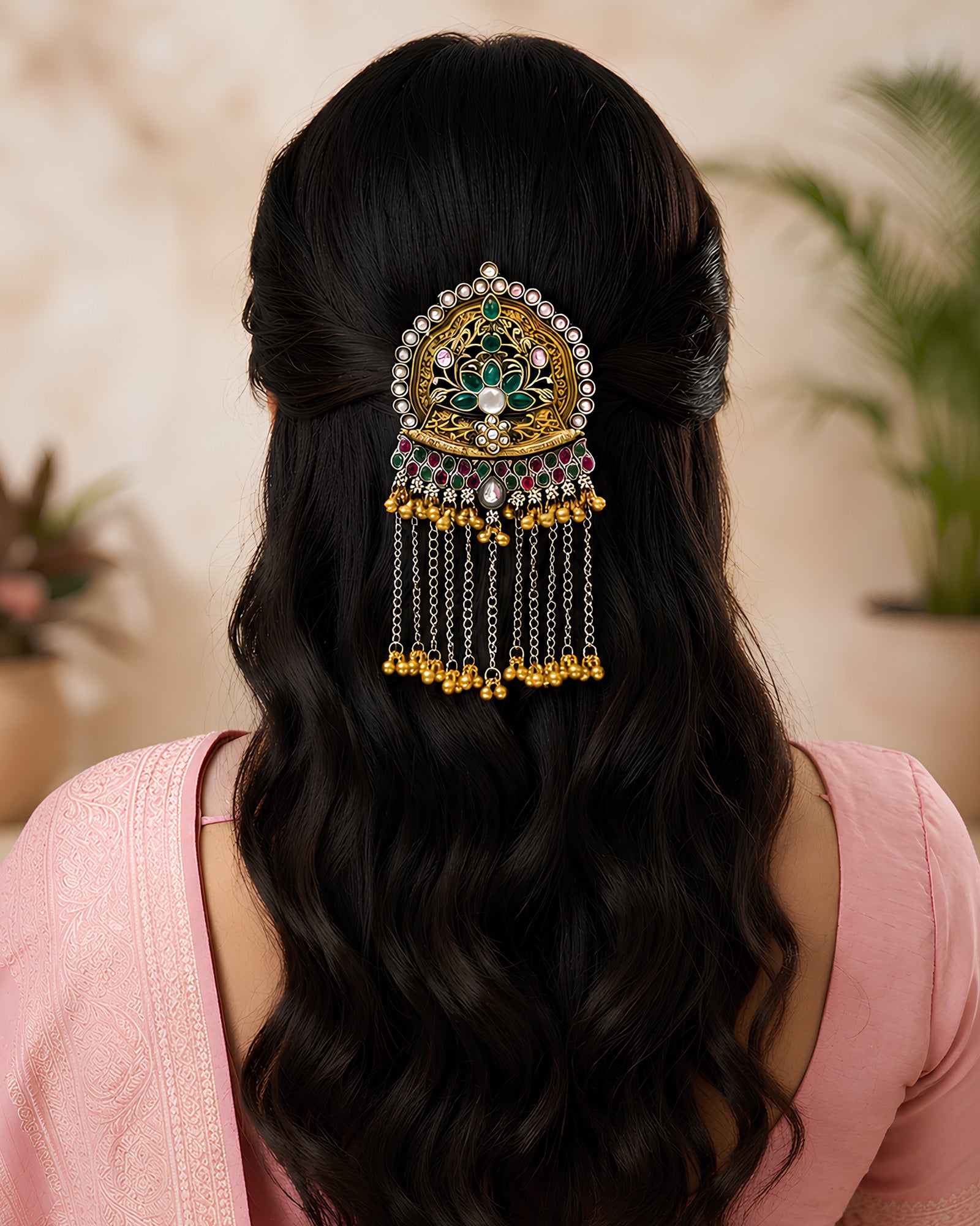 Regal Lotus Motif Kundan Hair Brooch