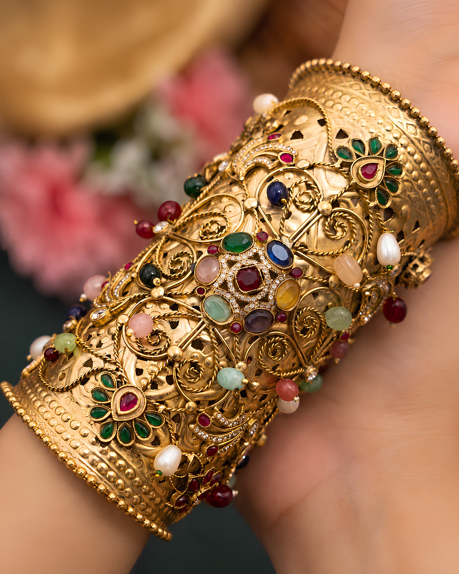 Regal Multi-Gemstone Filigree Statement Kada