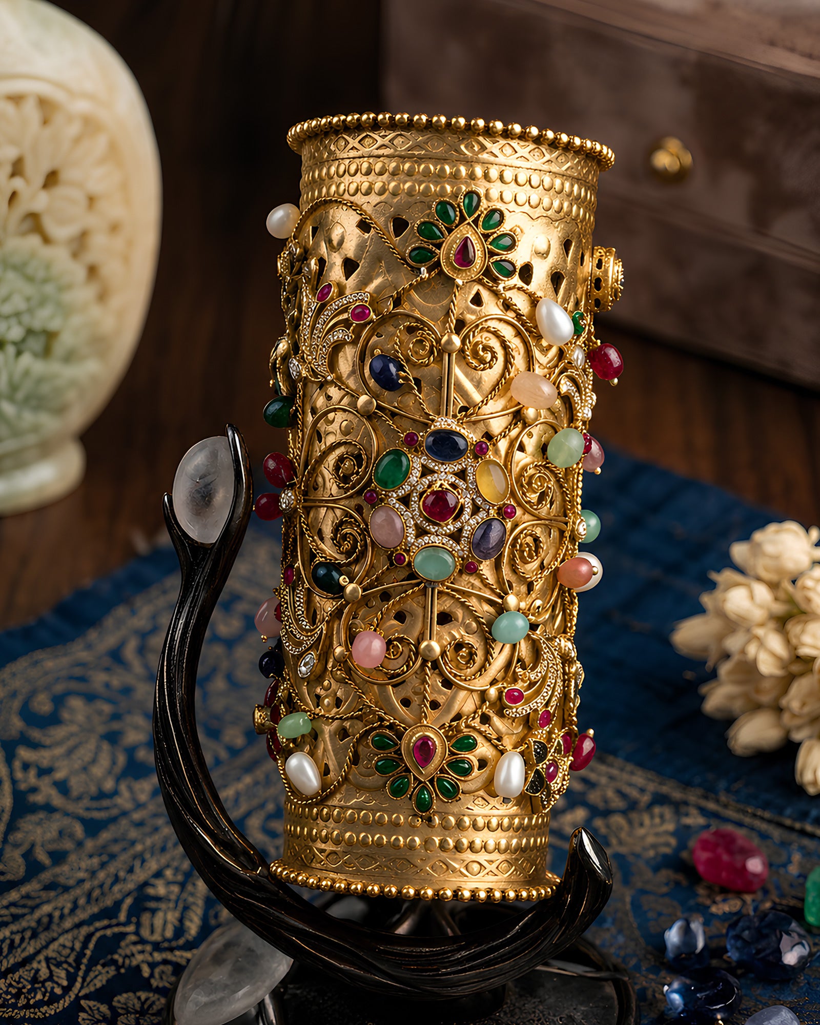 Regal Multi-Gemstone Filigree Statement Kada