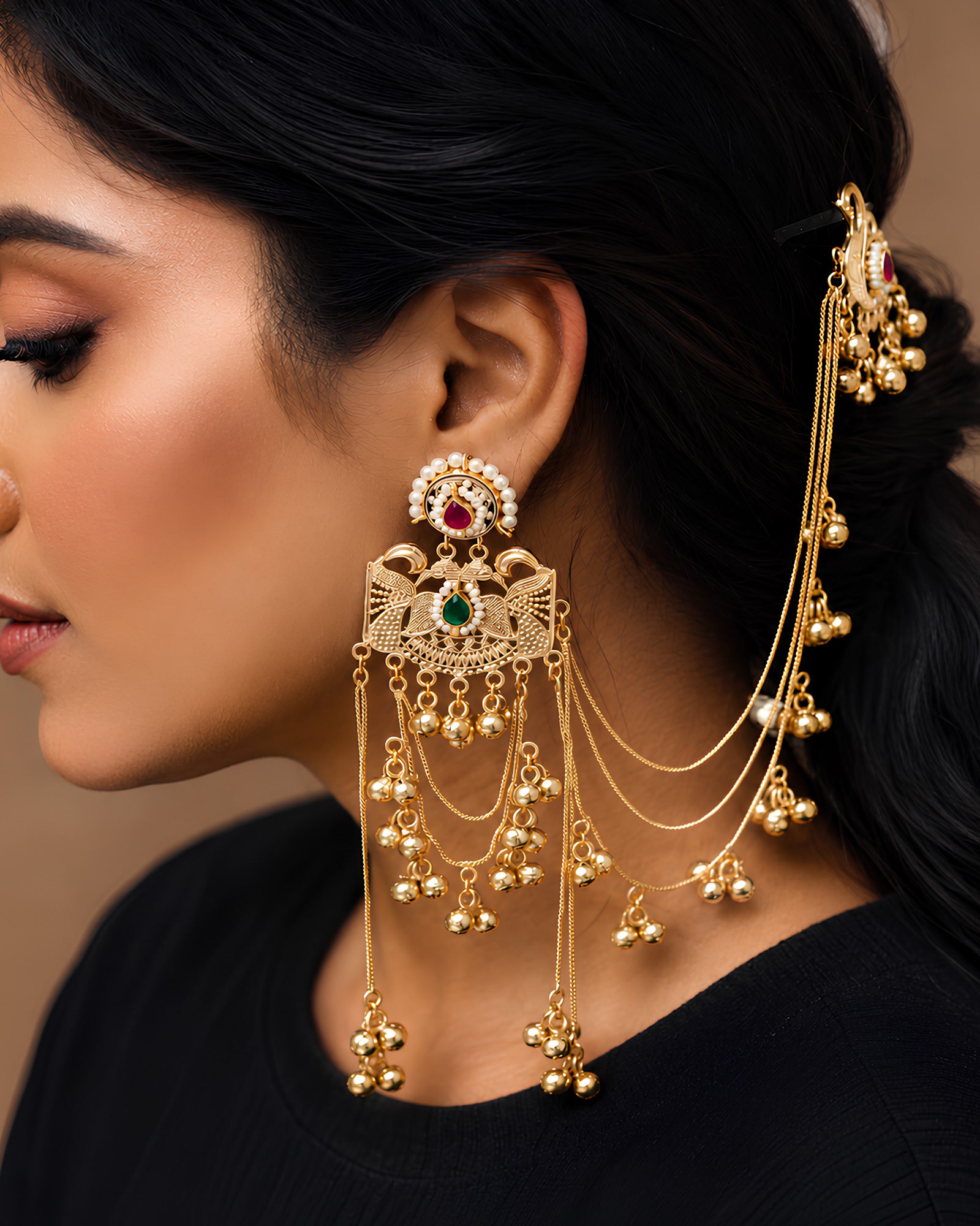 Regal Peacock Motif & Cascading Sahare Earrings