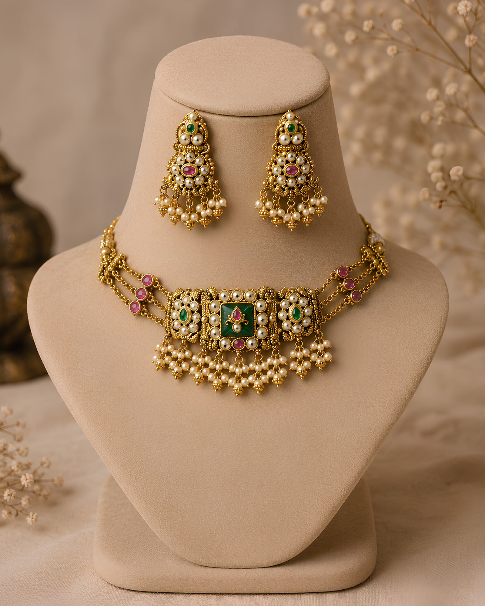 Regal Pearl & Gemstone Embellished Choker Set