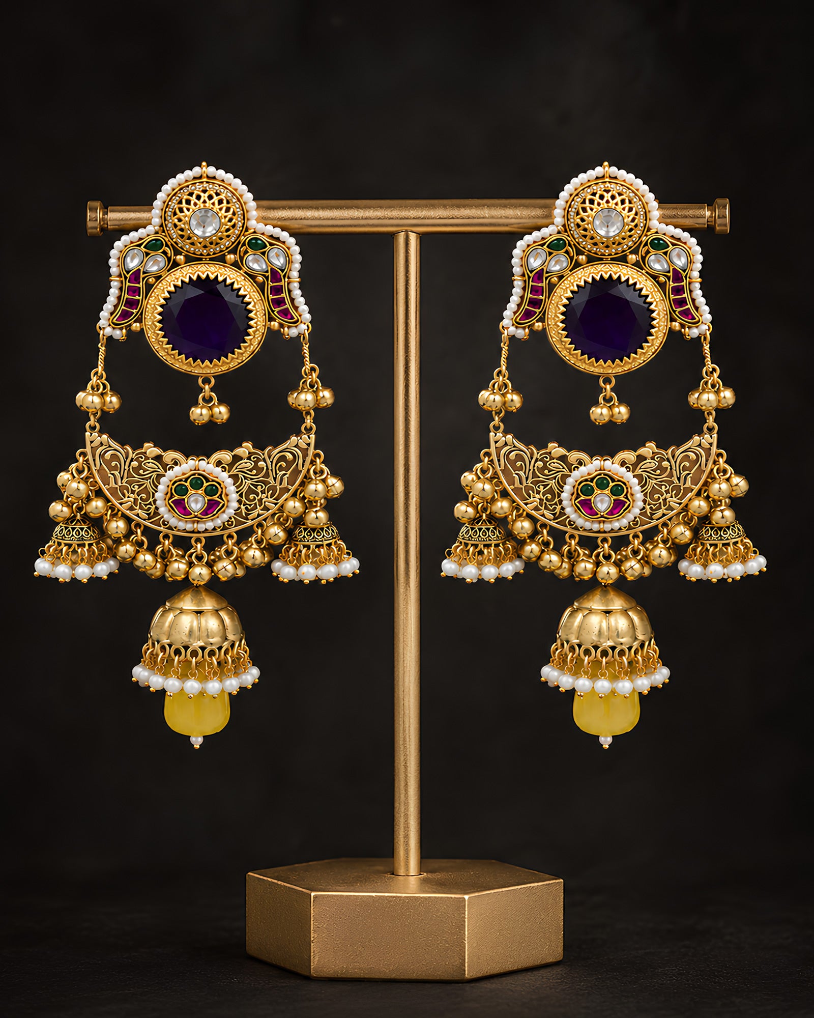 Regal Purple Stone & Pearl Jhumka Earrings