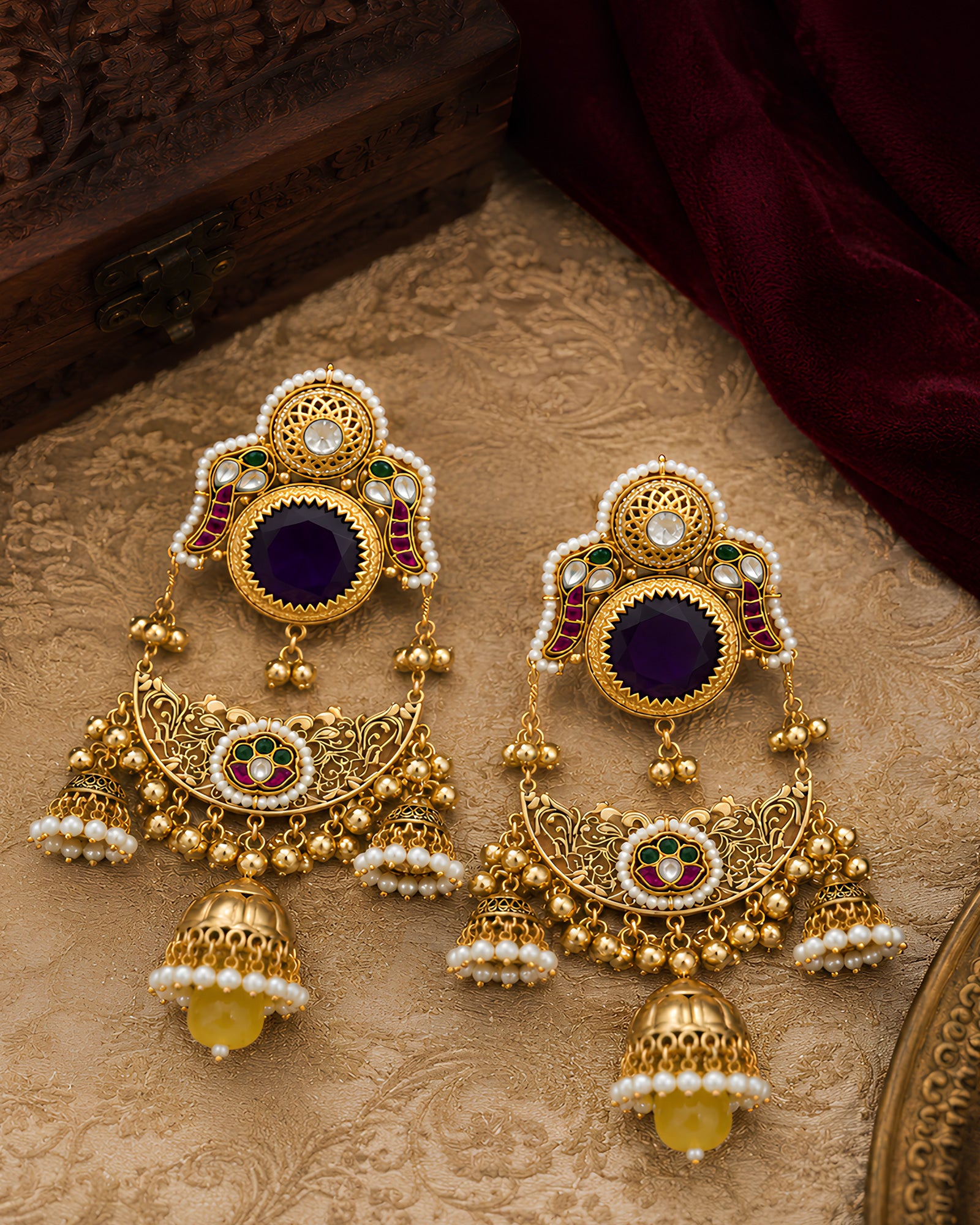 Regal Purple Stone & Pearl Jhumka Earrings