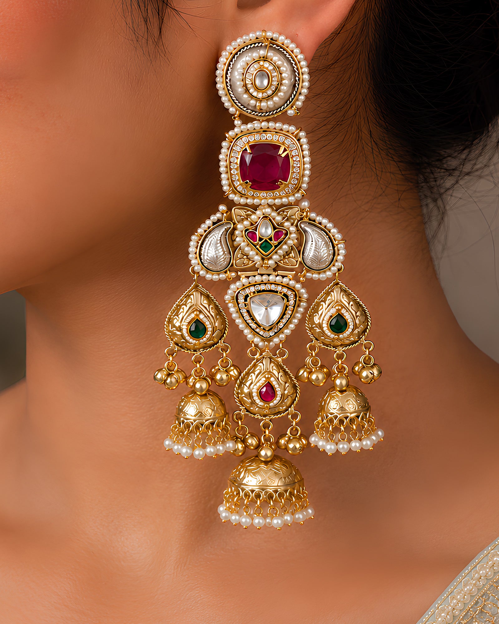 Regal Ruby & Polki Tiered Jhumka Earrings