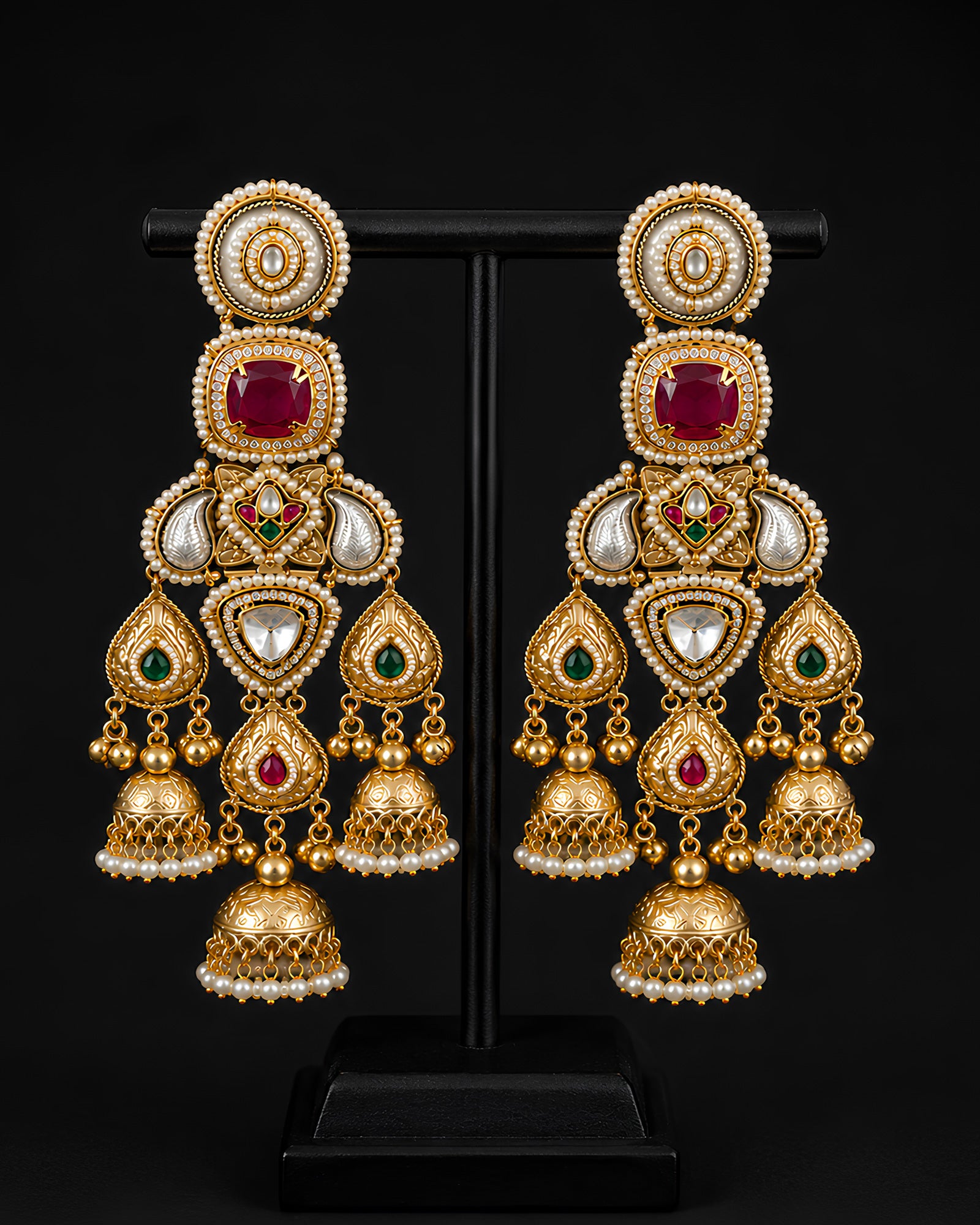Regal Ruby & Polki Tiered Jhumka Earrings