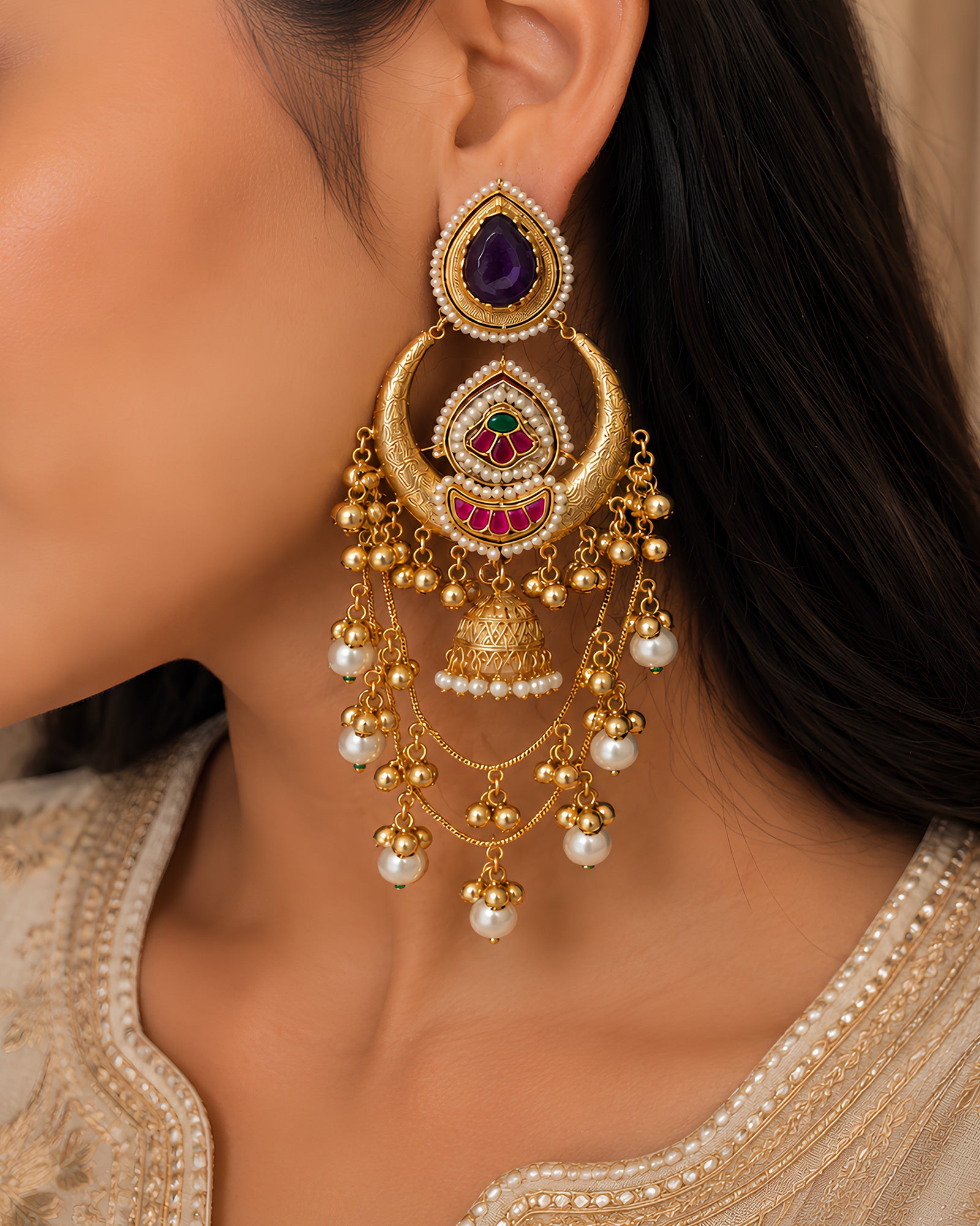Royal Amethyst Crescent & Cascading Pearl Earrings