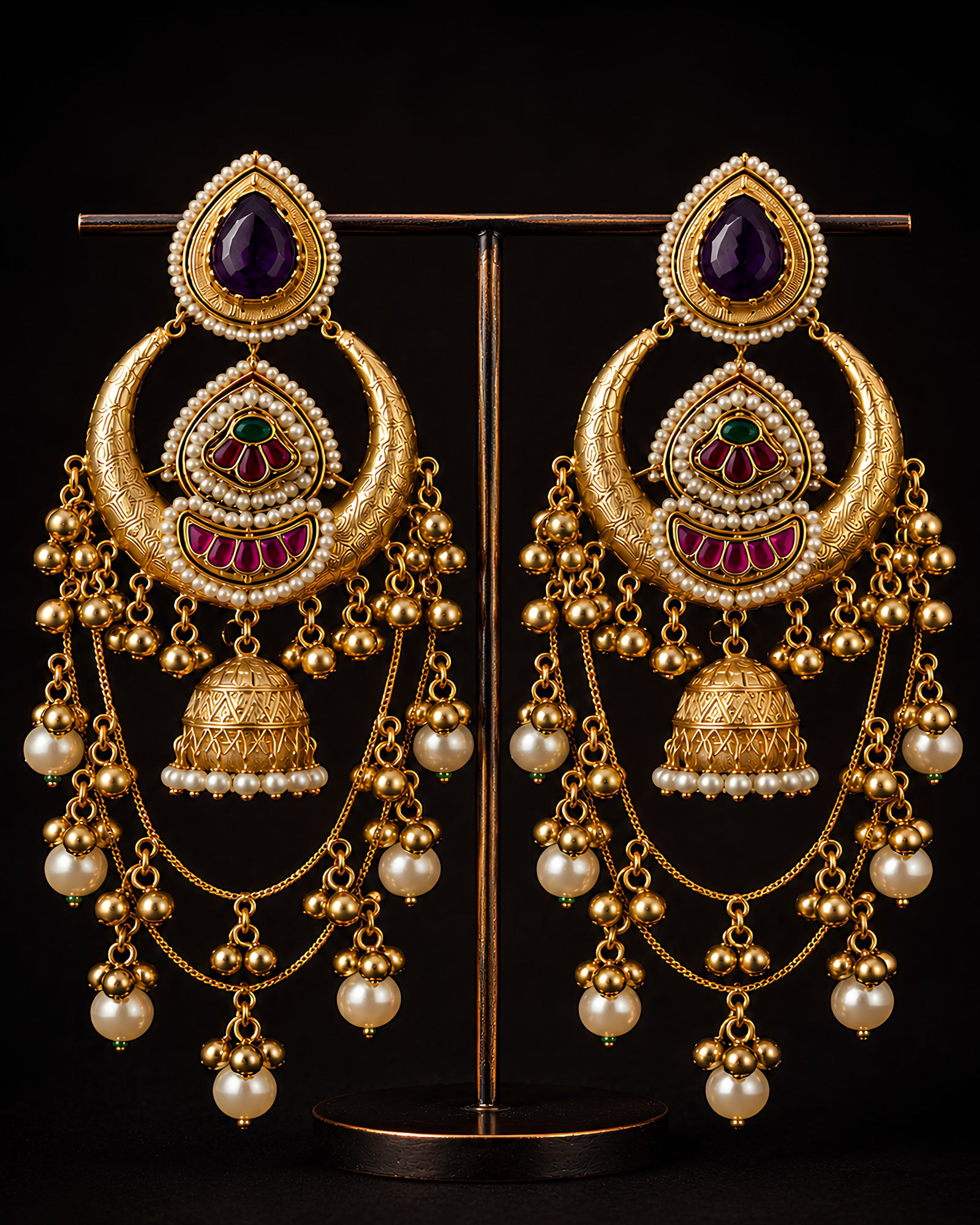 Royal Amethyst Crescent & Cascading Pearl Earrings