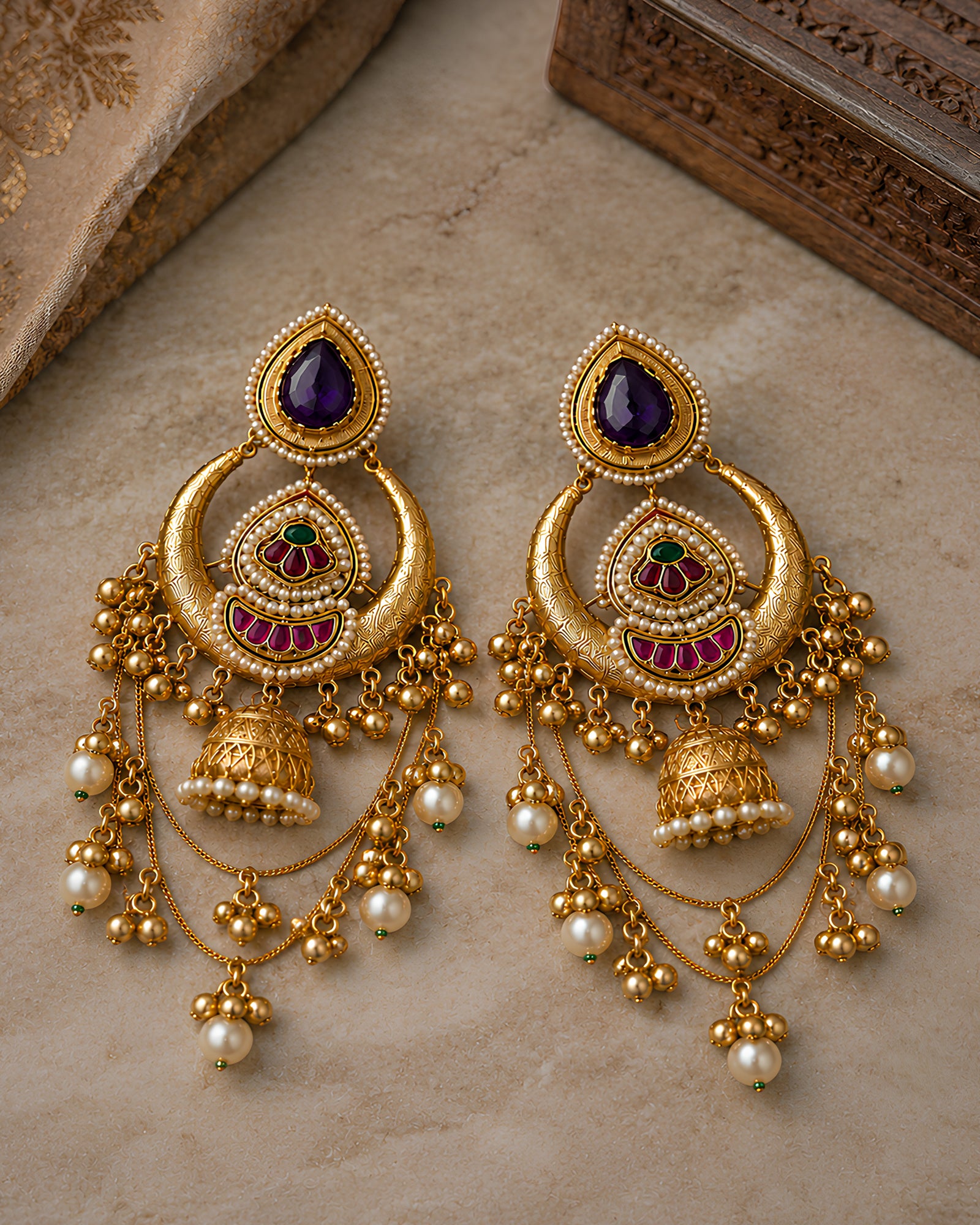 Royal Amethyst Crescent & Cascading Pearl Earrings