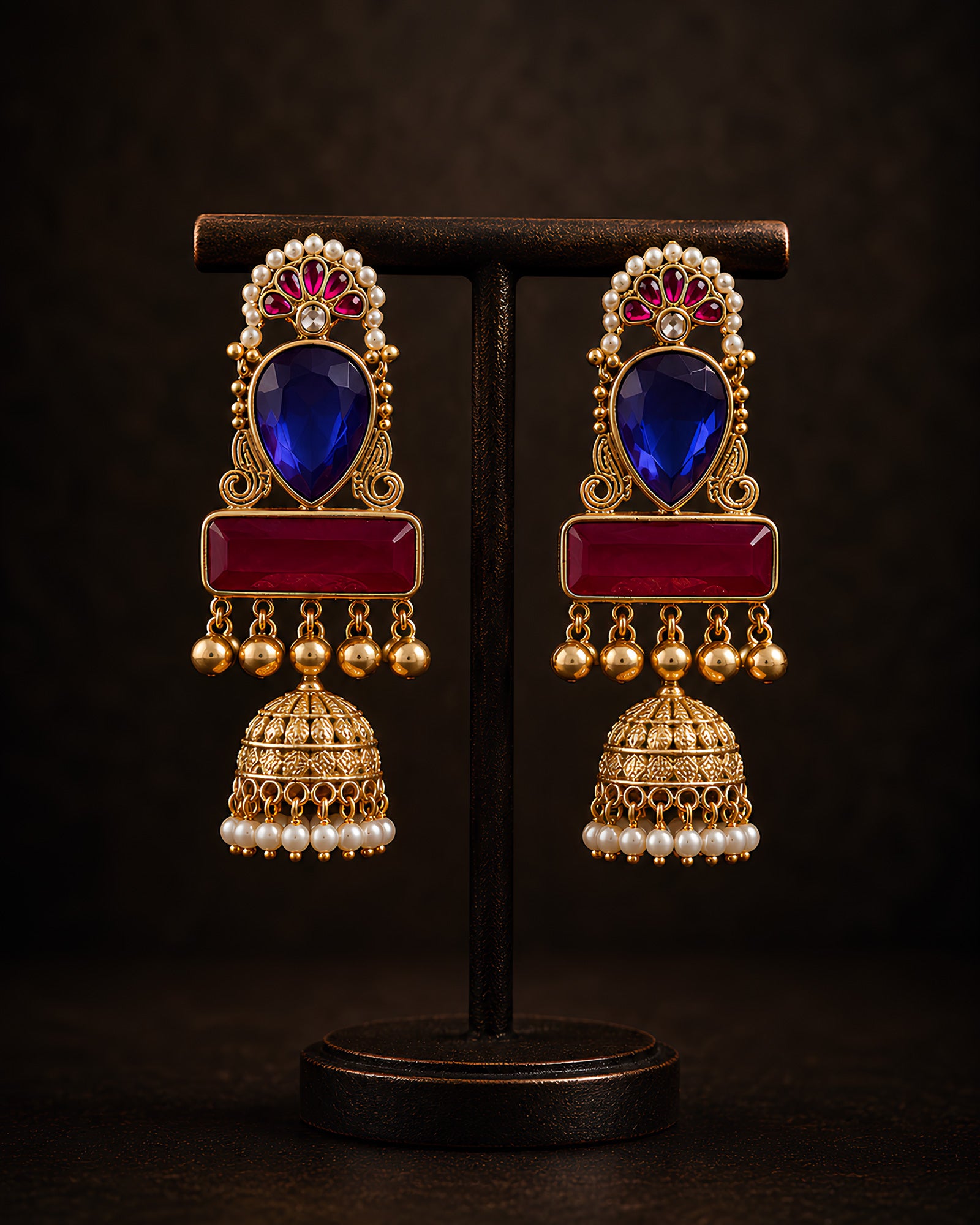 Royal Blue & Magenta Stone Jhumka Earrings