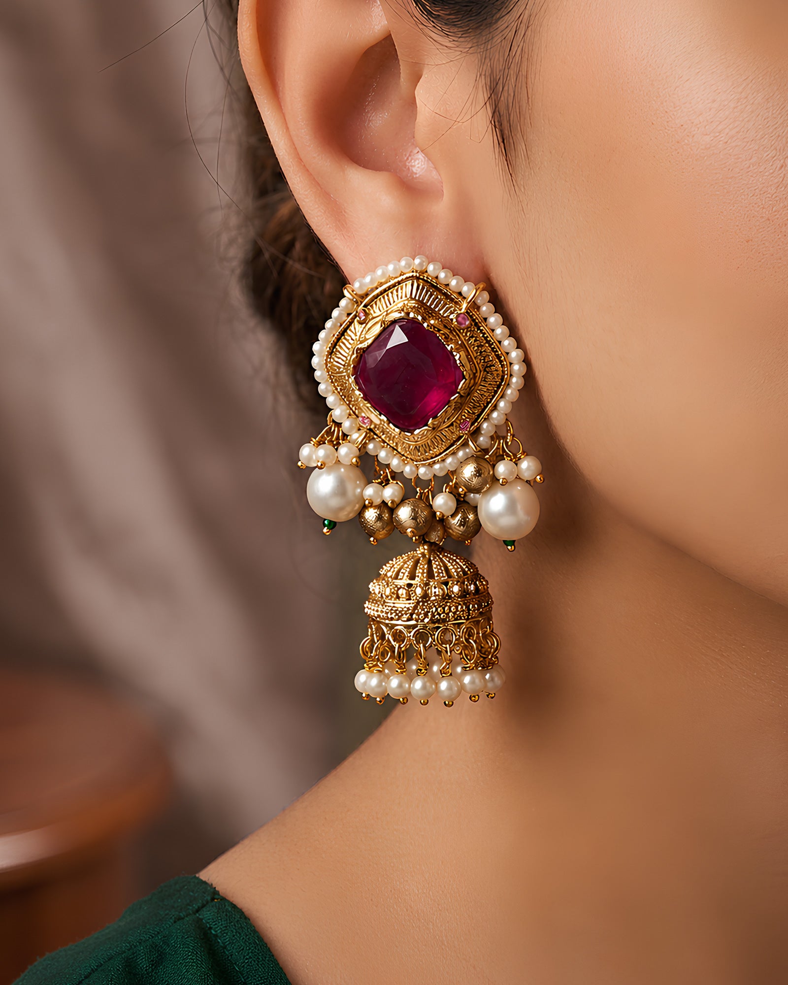 Royal Crimson Gemstone Jhumka Earrings
