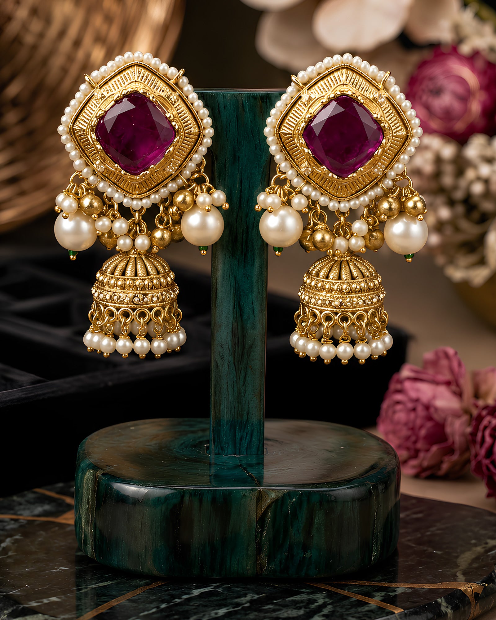 Royal Crimson Gemstone Jhumka Earrings